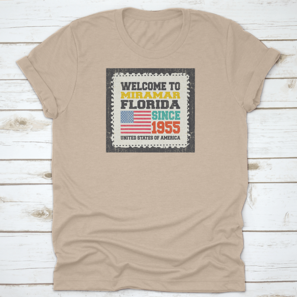 Retro American flag t-shirt representing Miramar State Florida since 1955, showcasing a classic fit and high-quality fabric.