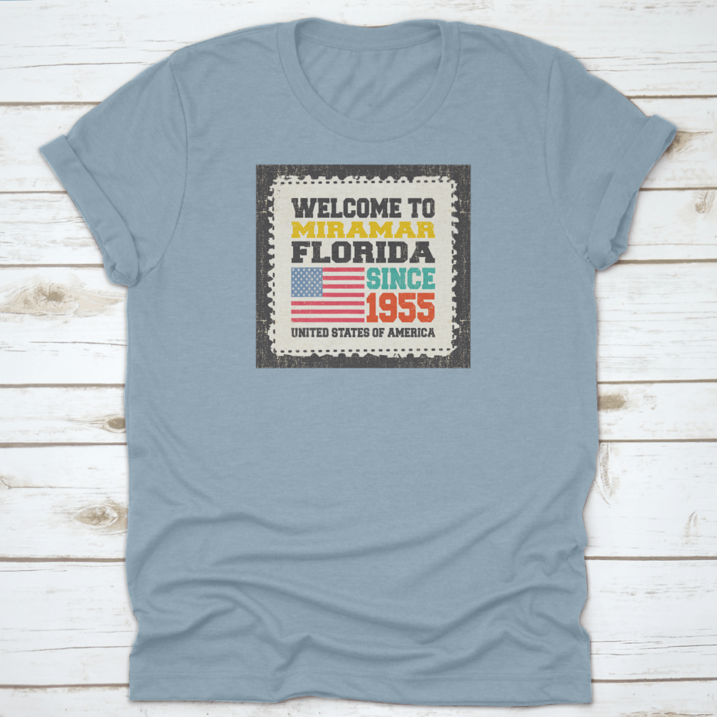 Retro American flag t-shirt representing Miramar State Florida since 1955, showcasing a classic fit and high-quality fabric.