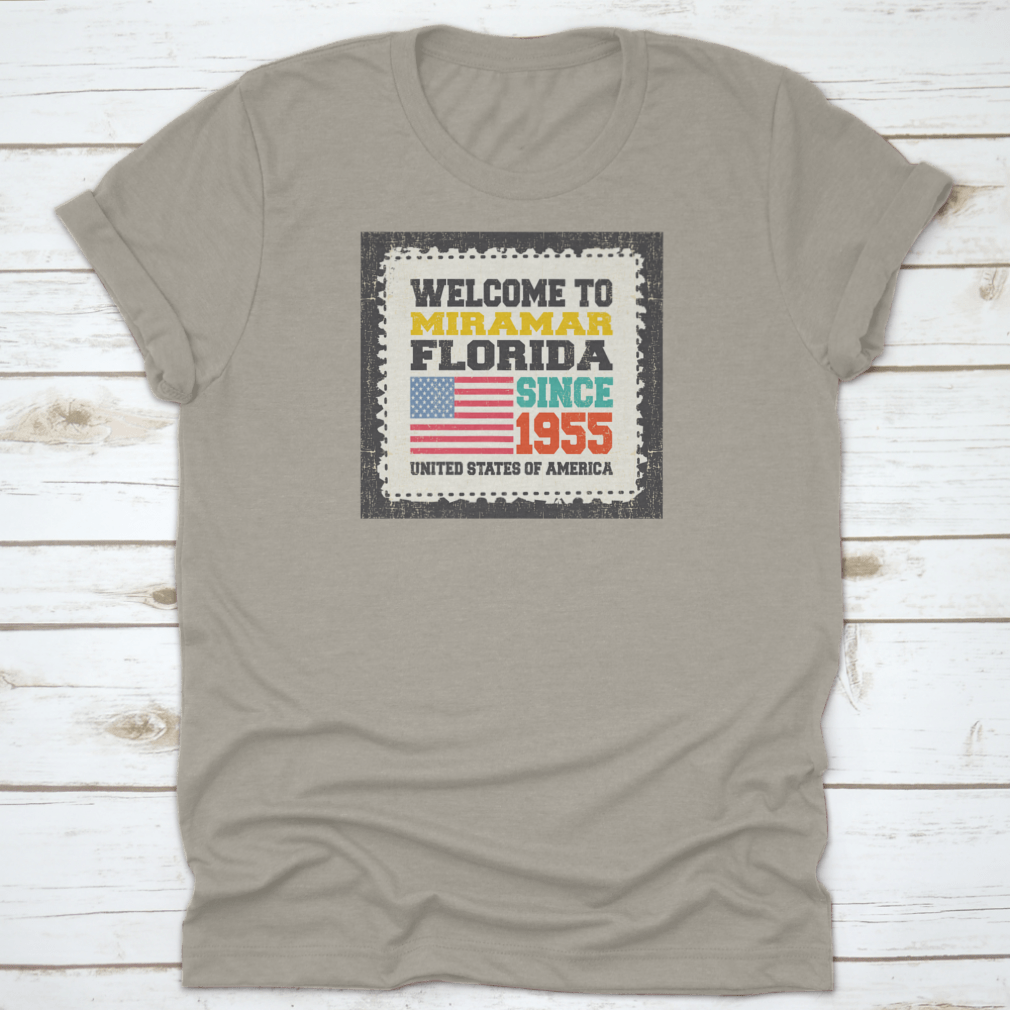 Retro American flag t-shirt representing Miramar State Florida since 1955, showcasing a classic fit and high-quality fabric.