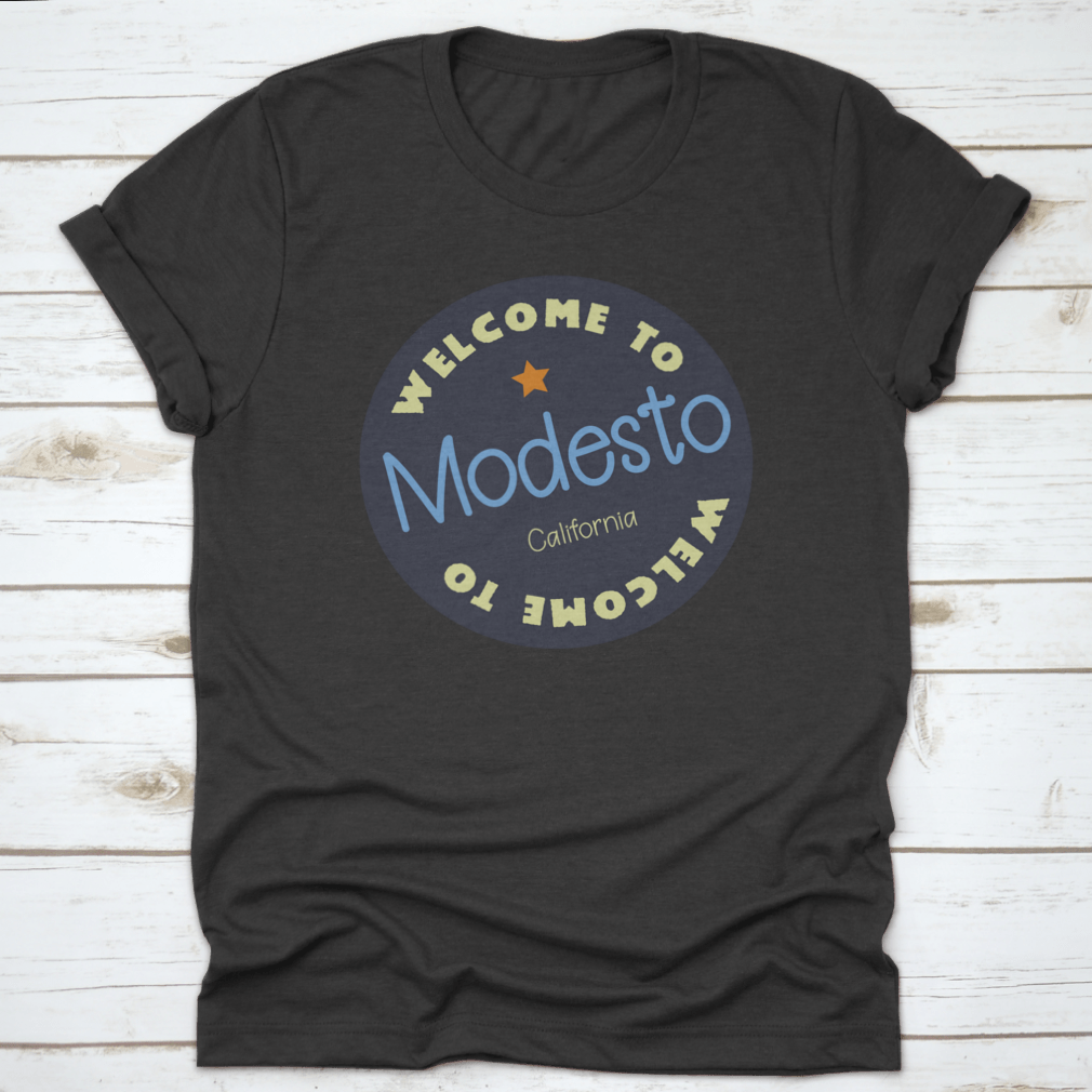 A vibrant Modesto, California tourism badge sticker showcasing the city's charm and culture.