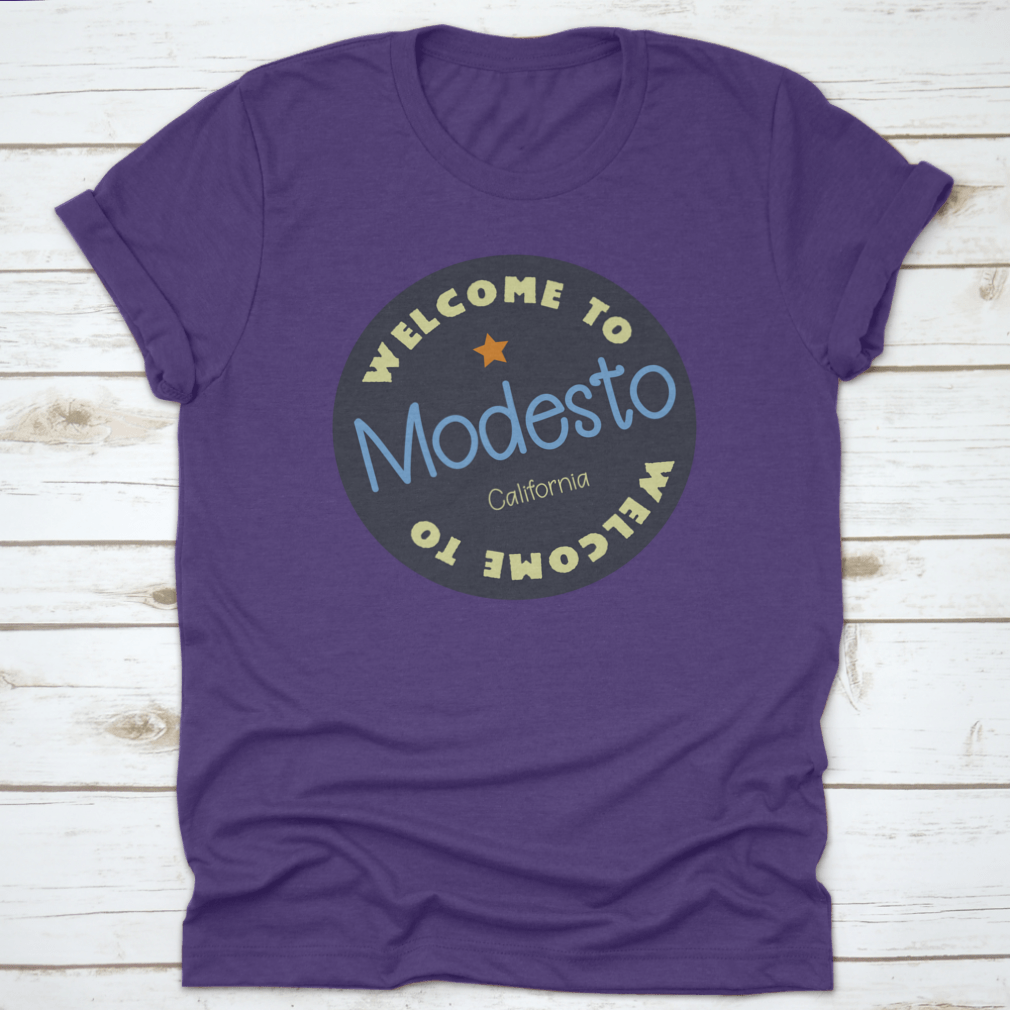 A vibrant Modesto, California tourism badge sticker showcasing the city's charm and culture.