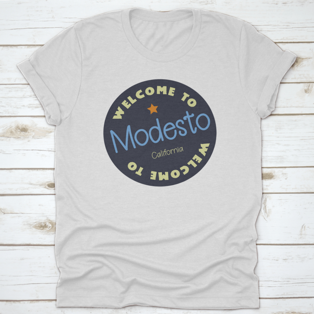 A vibrant Modesto, California tourism badge sticker showcasing the city's charm and culture.