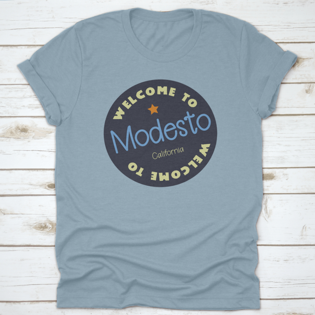 A vibrant Modesto, California tourism badge sticker showcasing the city's charm and culture.