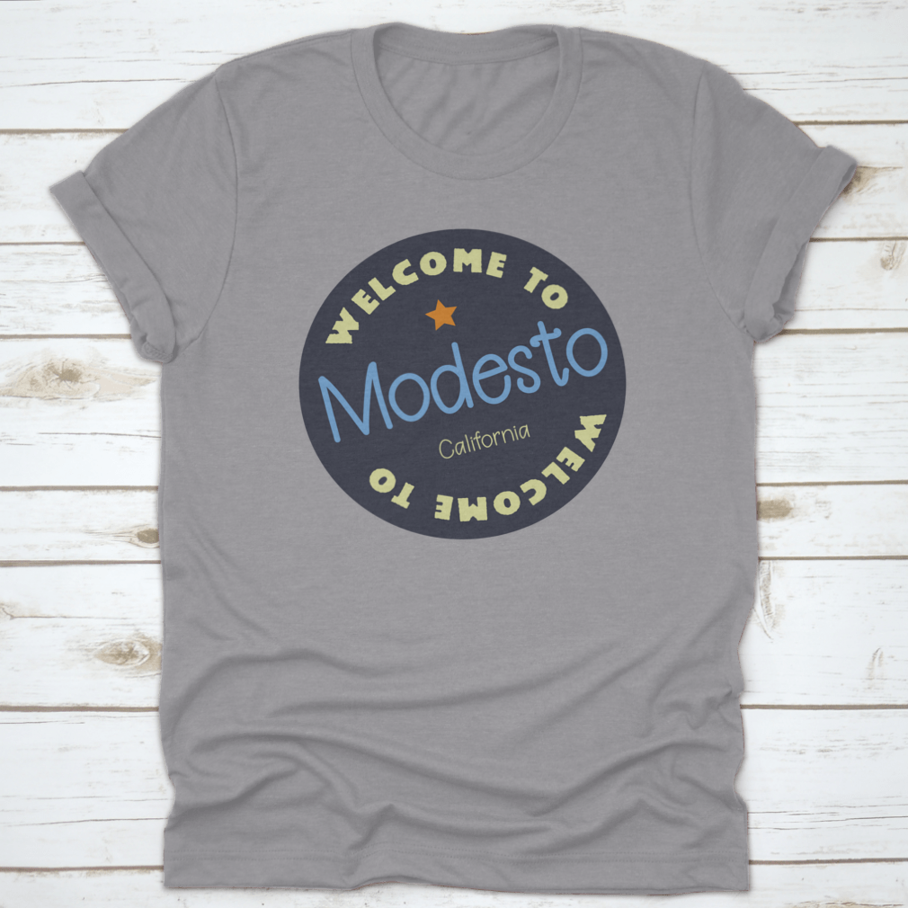 A vibrant Modesto, California tourism badge sticker showcasing the city's charm and culture.