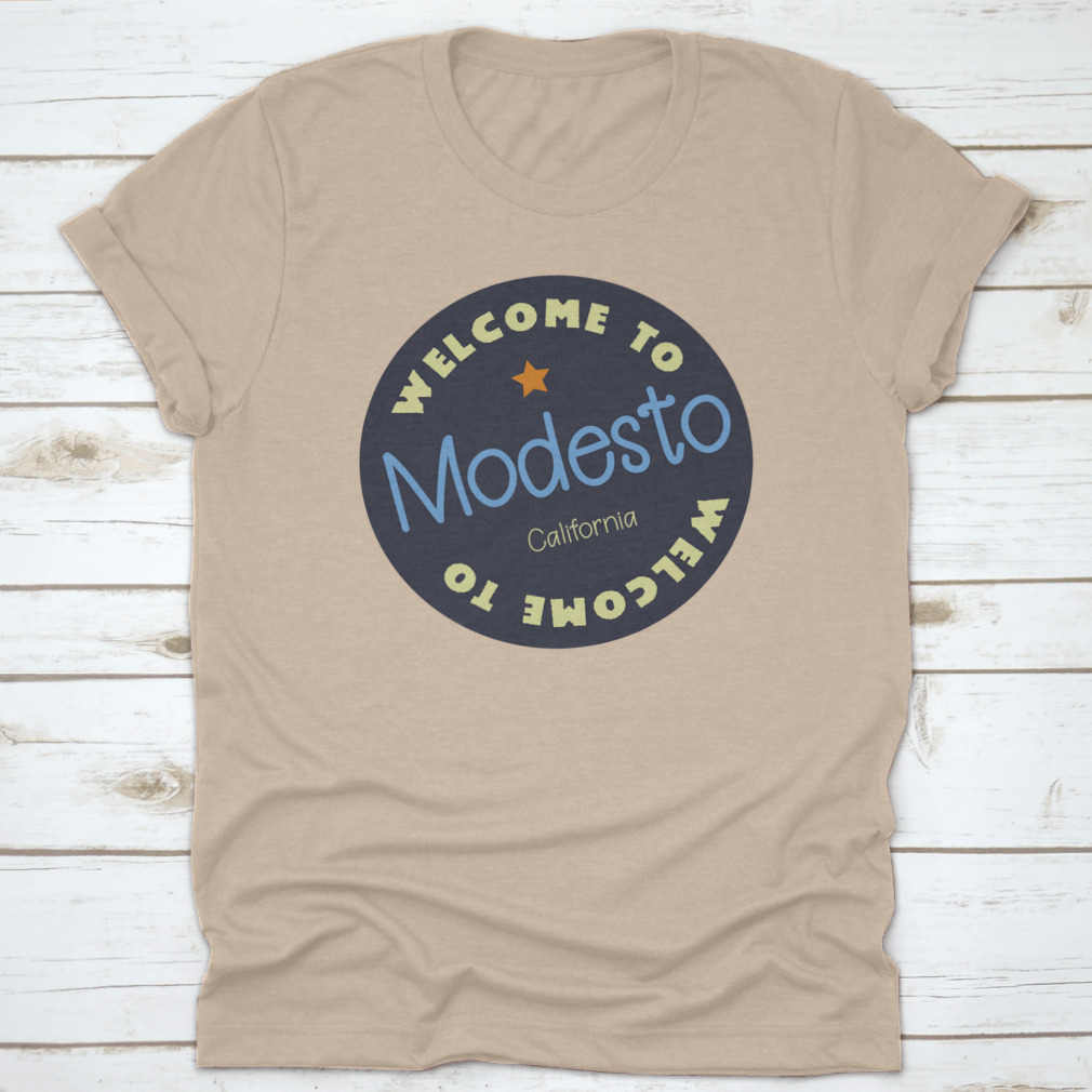 A vibrant Modesto, California tourism badge sticker showcasing the city's charm and culture.