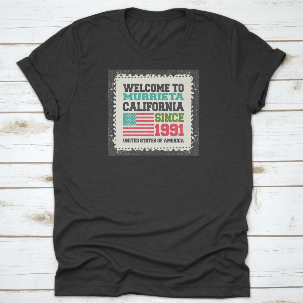 A stylish American Flag-themed apparel representing Murrieta, California, made from high-quality cotton with a classic fit.