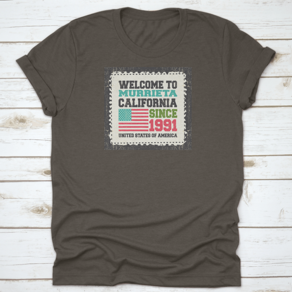 A stylish American Flag-themed apparel representing Murrieta, California, made from high-quality cotton with a classic fit.