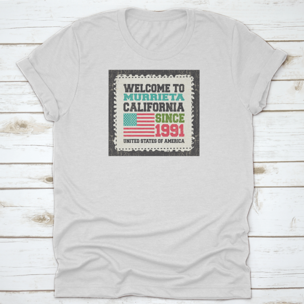 A stylish American Flag-themed apparel representing Murrieta, California, made from high-quality cotton with a classic fit.