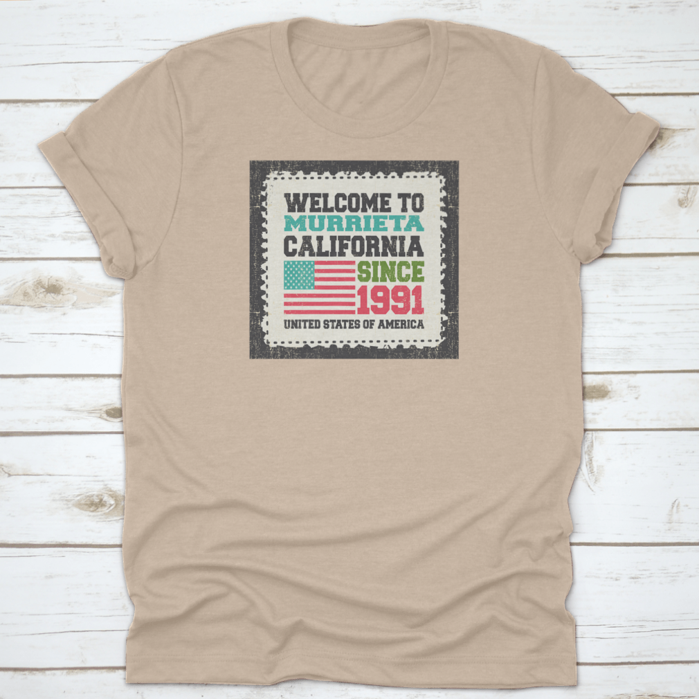 A stylish American Flag-themed apparel representing Murrieta, California, made from high-quality cotton with a classic fit.