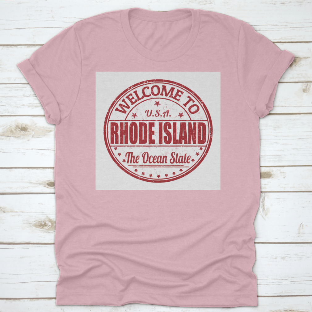 Welcome To Rhode Island Grunge Rubber Stamp on a white background, showcasing its unique design and quality material.