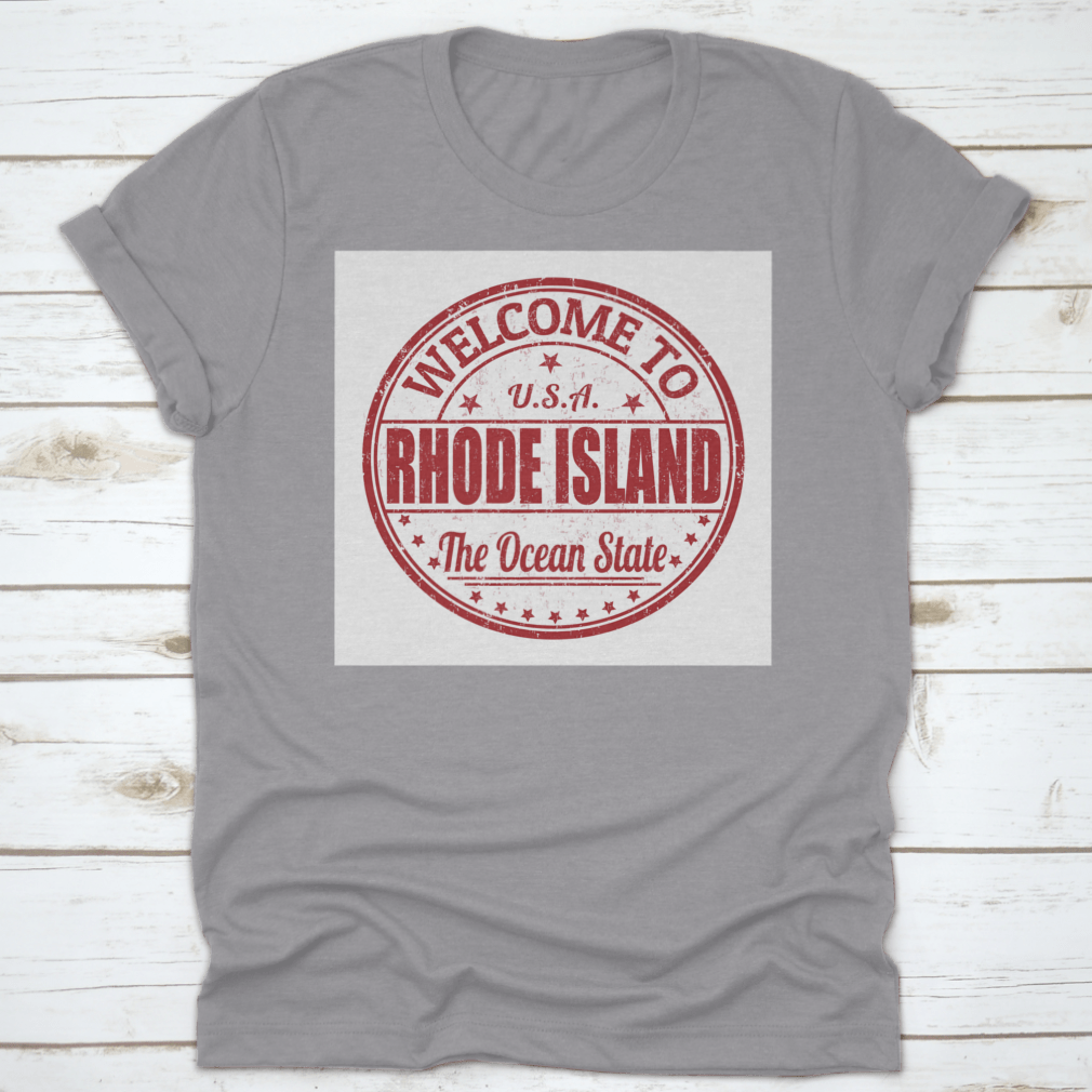 Welcome To Rhode Island Grunge Rubber Stamp on a white background, showcasing its unique design and quality material.