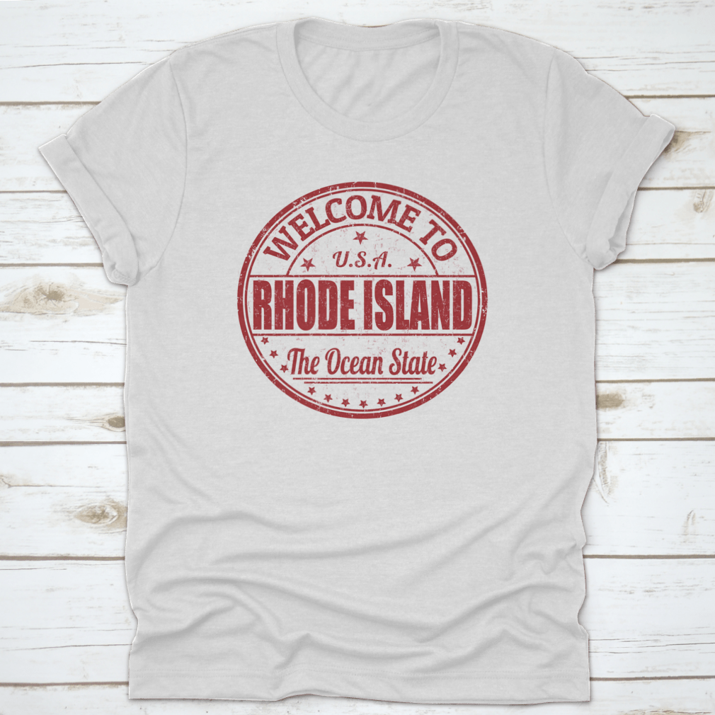 Welcome To Rhode Island Grunge Rubber Stamp on a white background, showcasing its unique design and quality material.