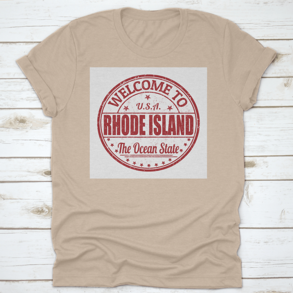 Welcome To Rhode Island Grunge Rubber Stamp on a white background, showcasing its unique design and quality material.