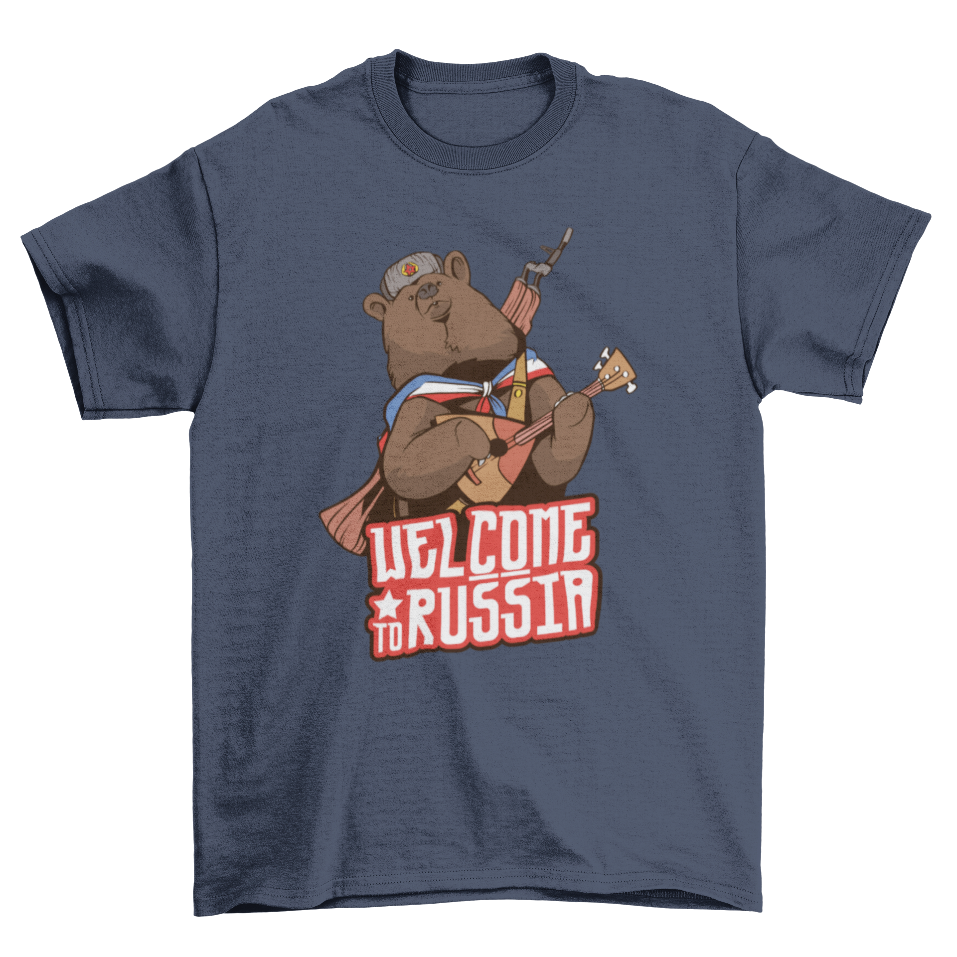 Welcome to Russia T-shirt featuring a funny bear design with Russian elements and the quote 'WELCOME TO RUSSIA'.