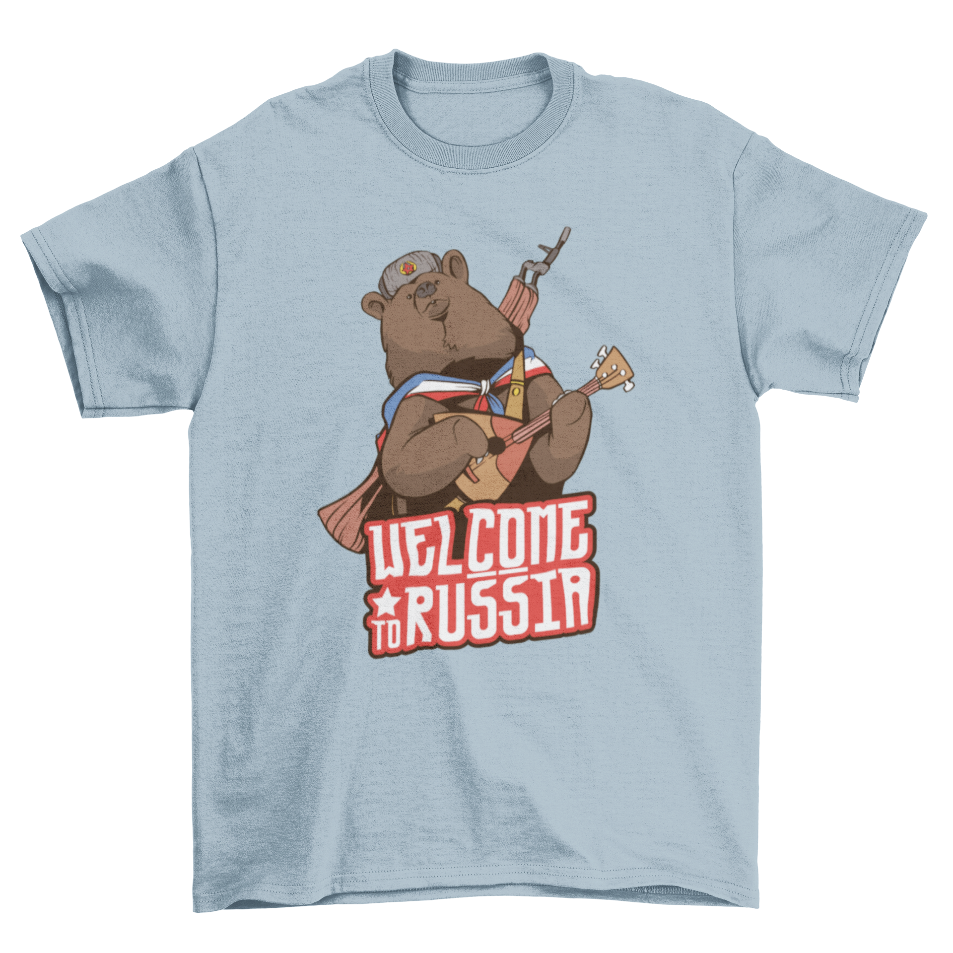 Welcome to Russia T-shirt featuring a funny bear design with Russian elements and the quote 'WELCOME TO RUSSIA'.