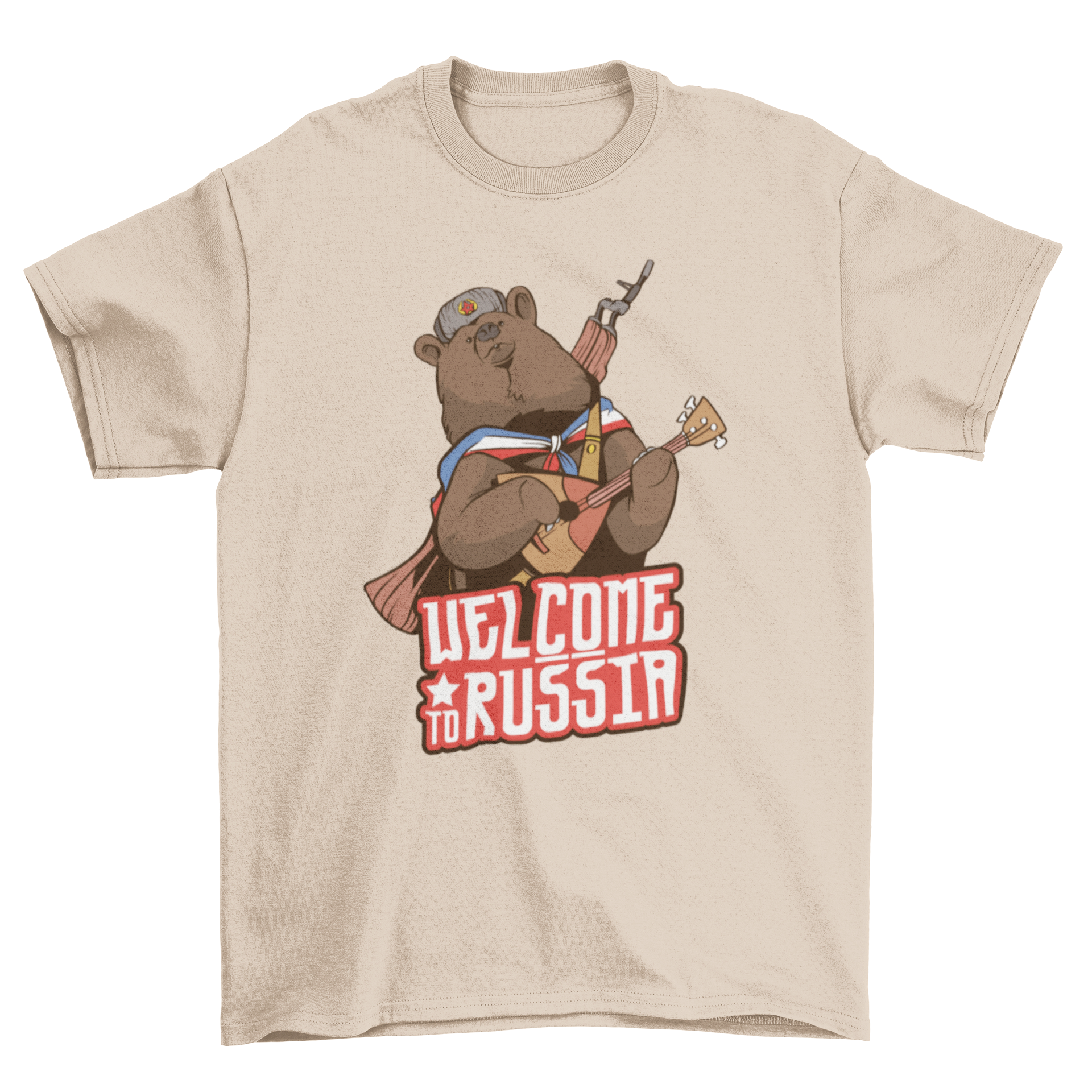 Welcome to Russia T-shirt featuring a funny bear design with Russian elements and the quote 'WELCOME TO RUSSIA'.