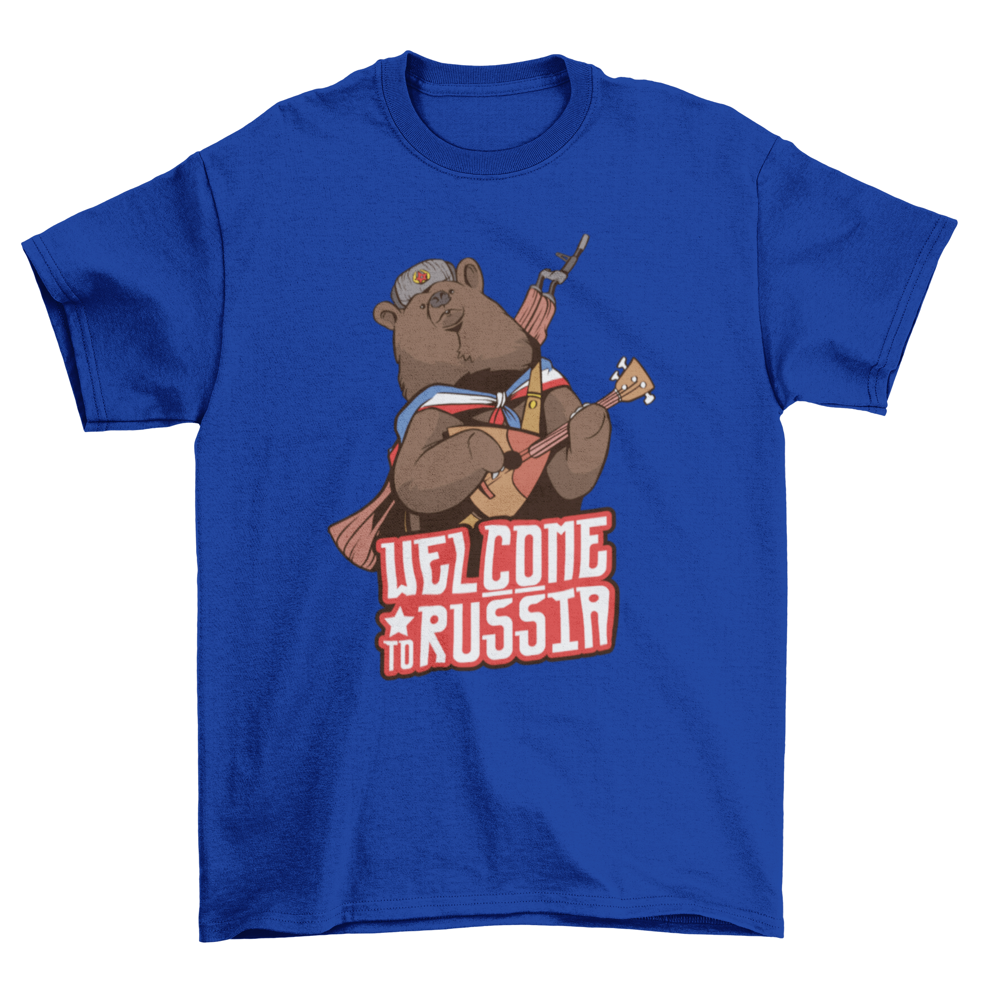 Welcome to Russia T-shirt featuring a funny bear design with Russian elements and the quote 'WELCOME TO RUSSIA'.