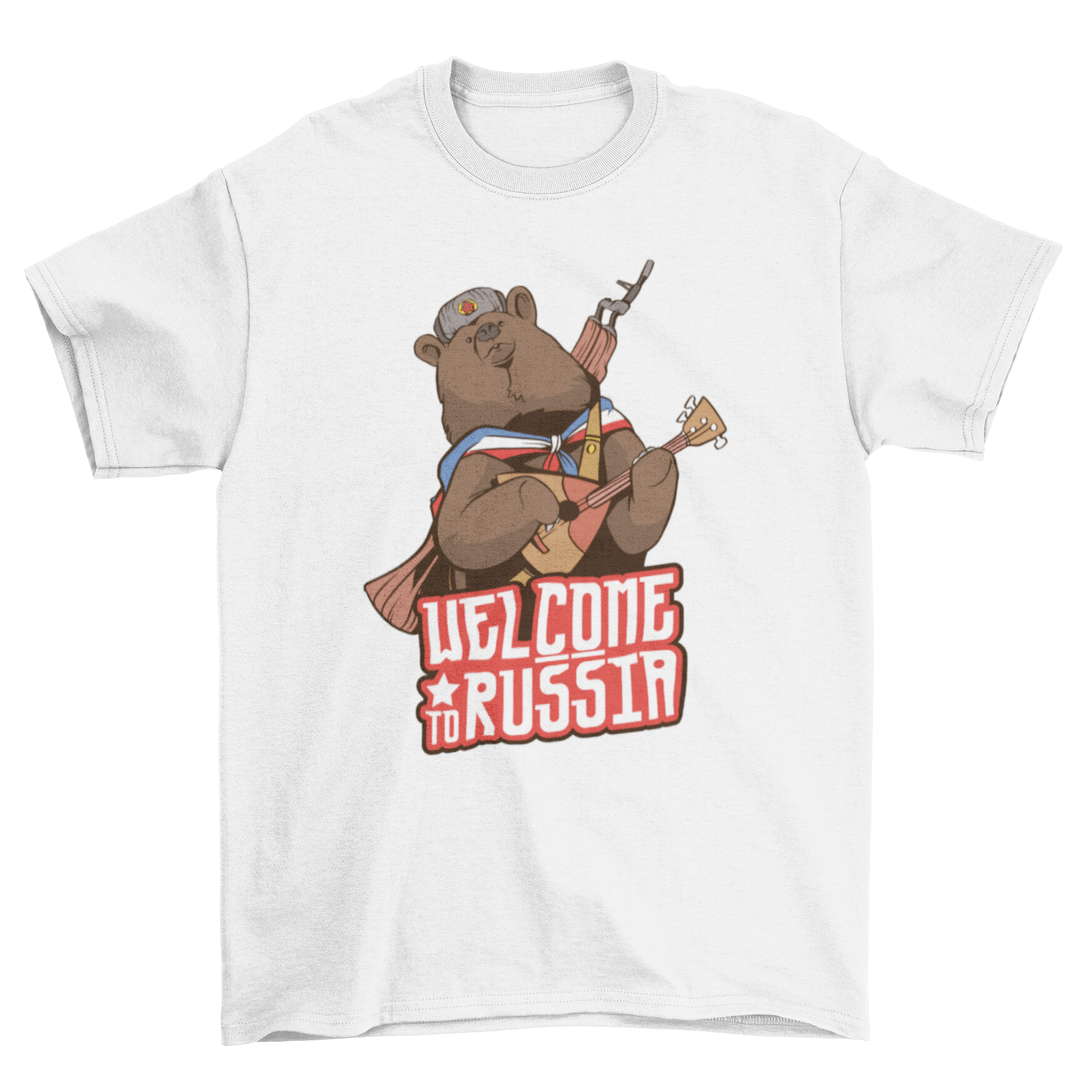 Welcome to Russia T-shirt featuring a funny bear design with Russian elements and the quote 'WELCOME TO RUSSIA'.