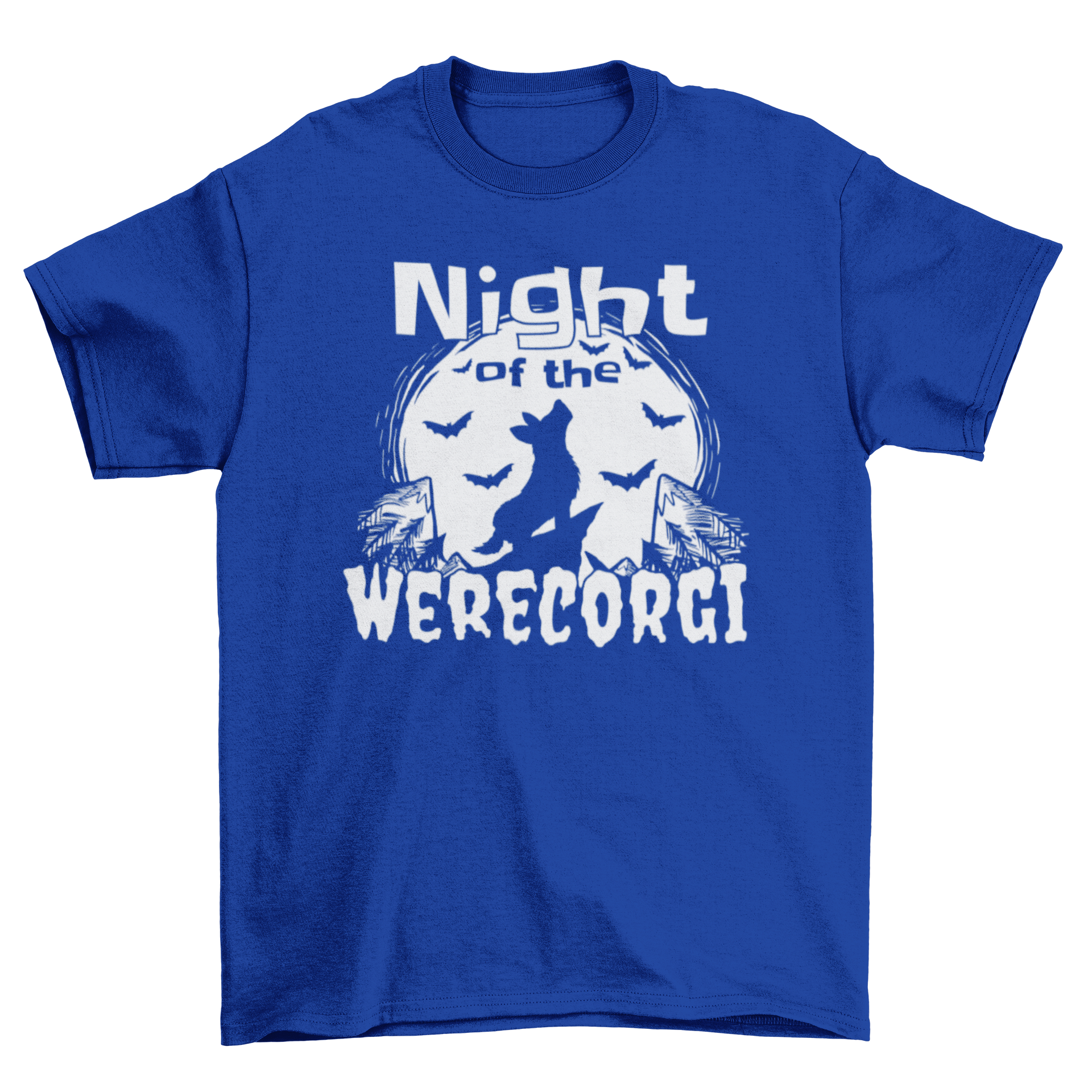 Werecorgi night t-shirt featuring a corgi howling with the caption 'Night of the Werecorgi'.