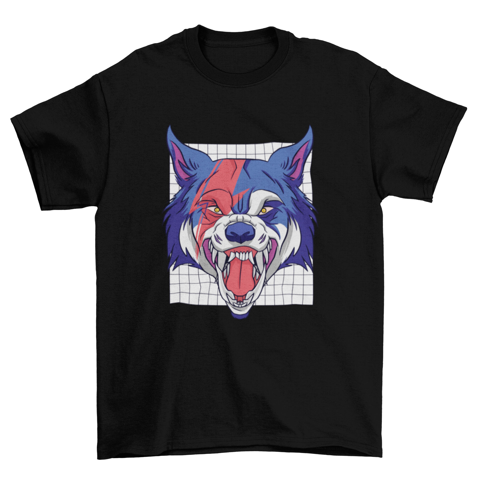 A detailed illustration of a werewolf's head on a t-shirt, showcasing fierce features and a haunting expression.