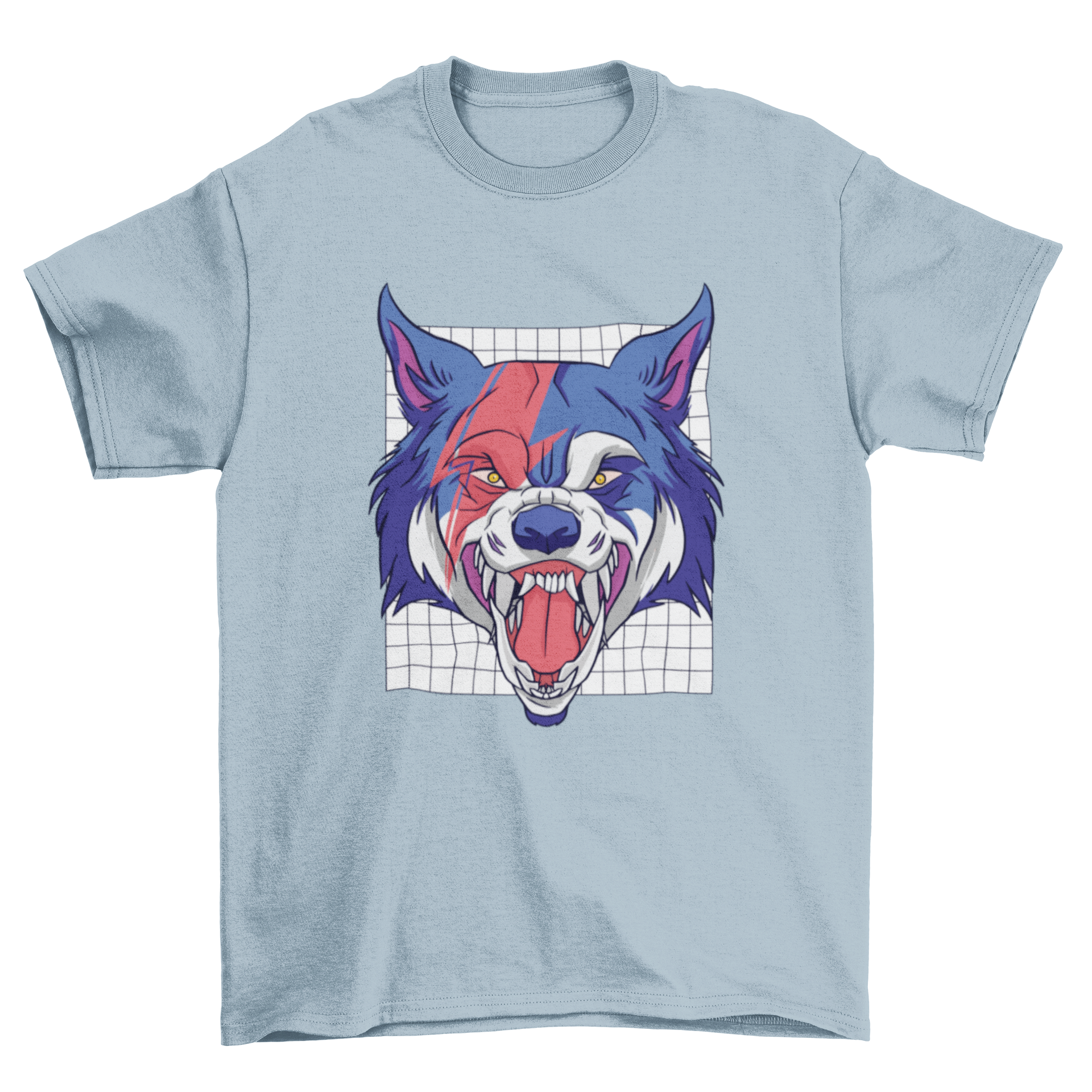 A detailed illustration of a werewolf's head on a t-shirt, showcasing fierce features and a haunting expression.