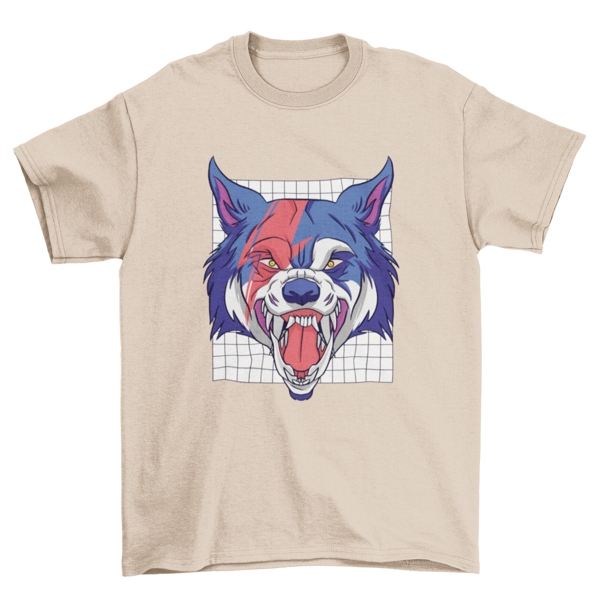 A detailed illustration of a werewolf's head on a t-shirt, showcasing fierce features and a haunting expression.