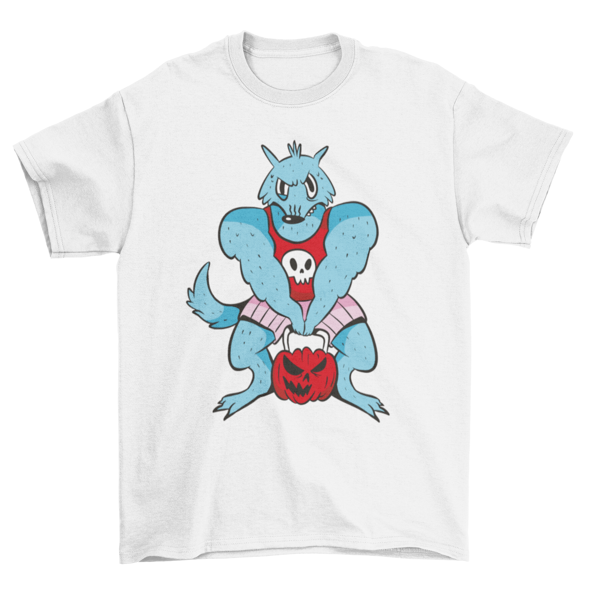 Cartoon werewolf lifting a pumpkin weight in a gym setting, showcasing a fun Halloween-themed t-shirt design.