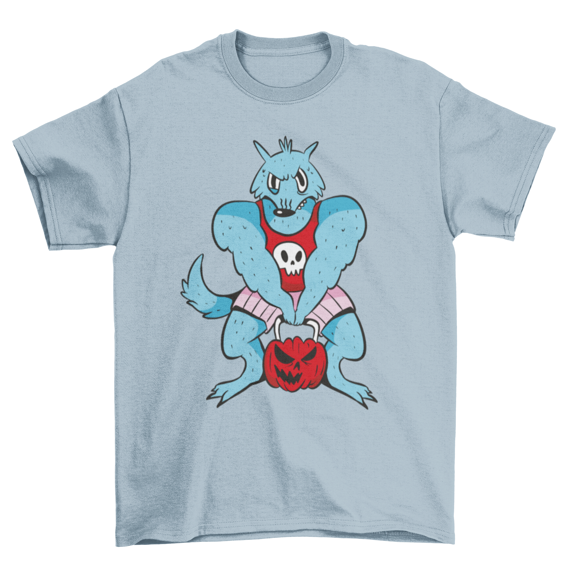 Cartoon werewolf lifting a pumpkin weight in a gym setting, showcasing a fun Halloween-themed t-shirt design.