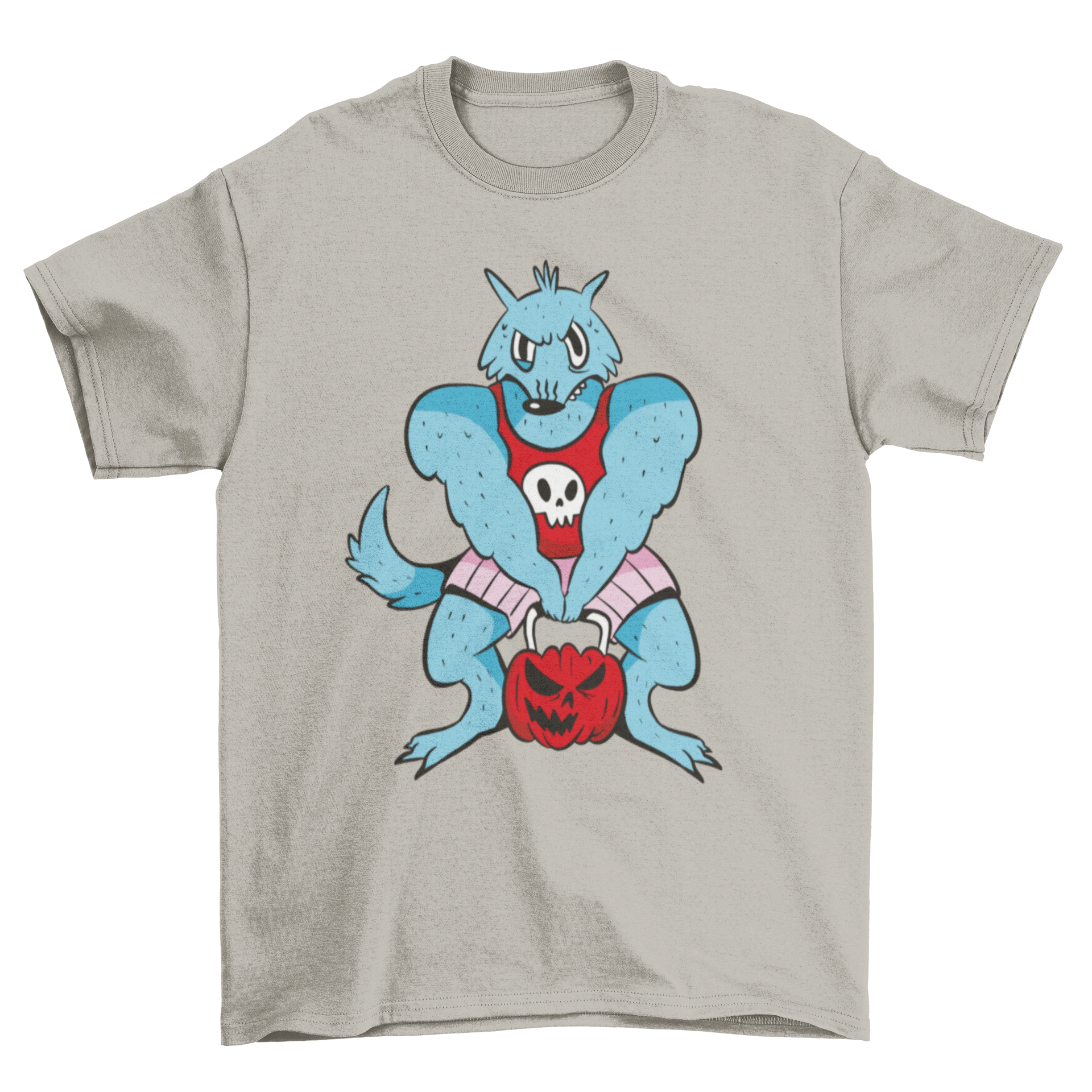 Cartoon werewolf lifting a pumpkin weight in a gym setting, showcasing a fun Halloween-themed t-shirt design.