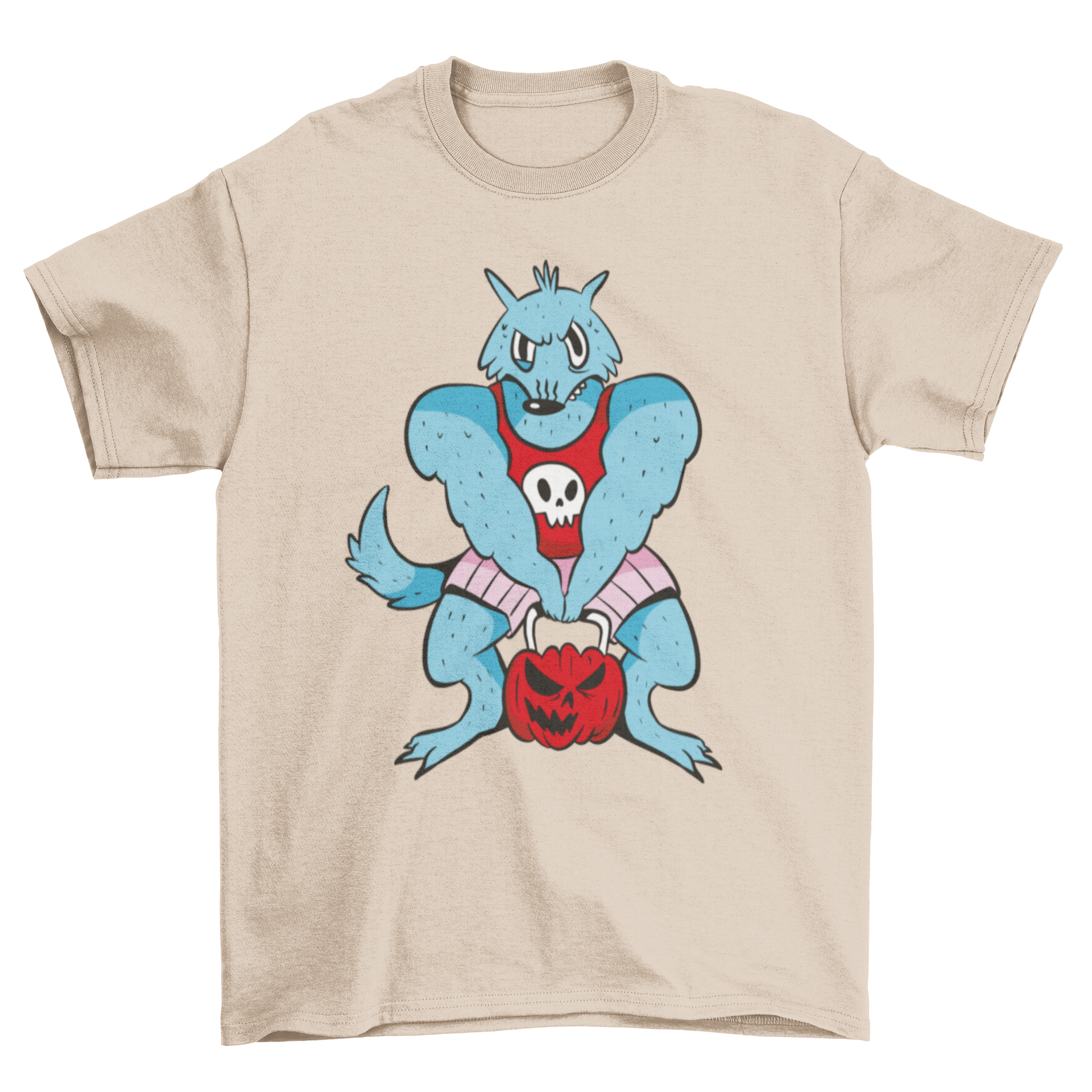 Cartoon werewolf lifting a pumpkin weight in a gym setting, showcasing a fun Halloween-themed t-shirt design.