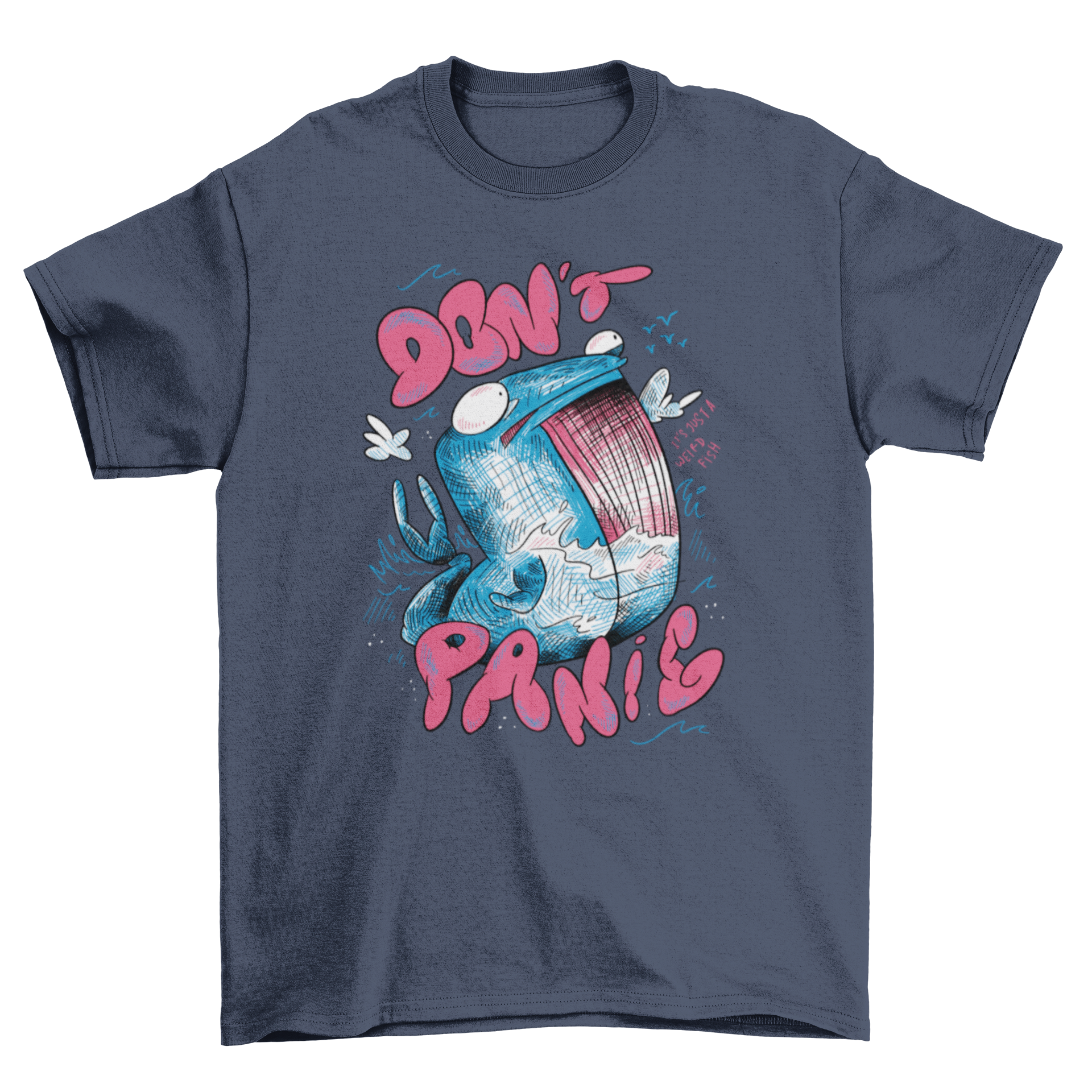 A stylish t-shirt featuring a detailed whale sketch and the quote 'Don't panic', perfect for ocean lovers.