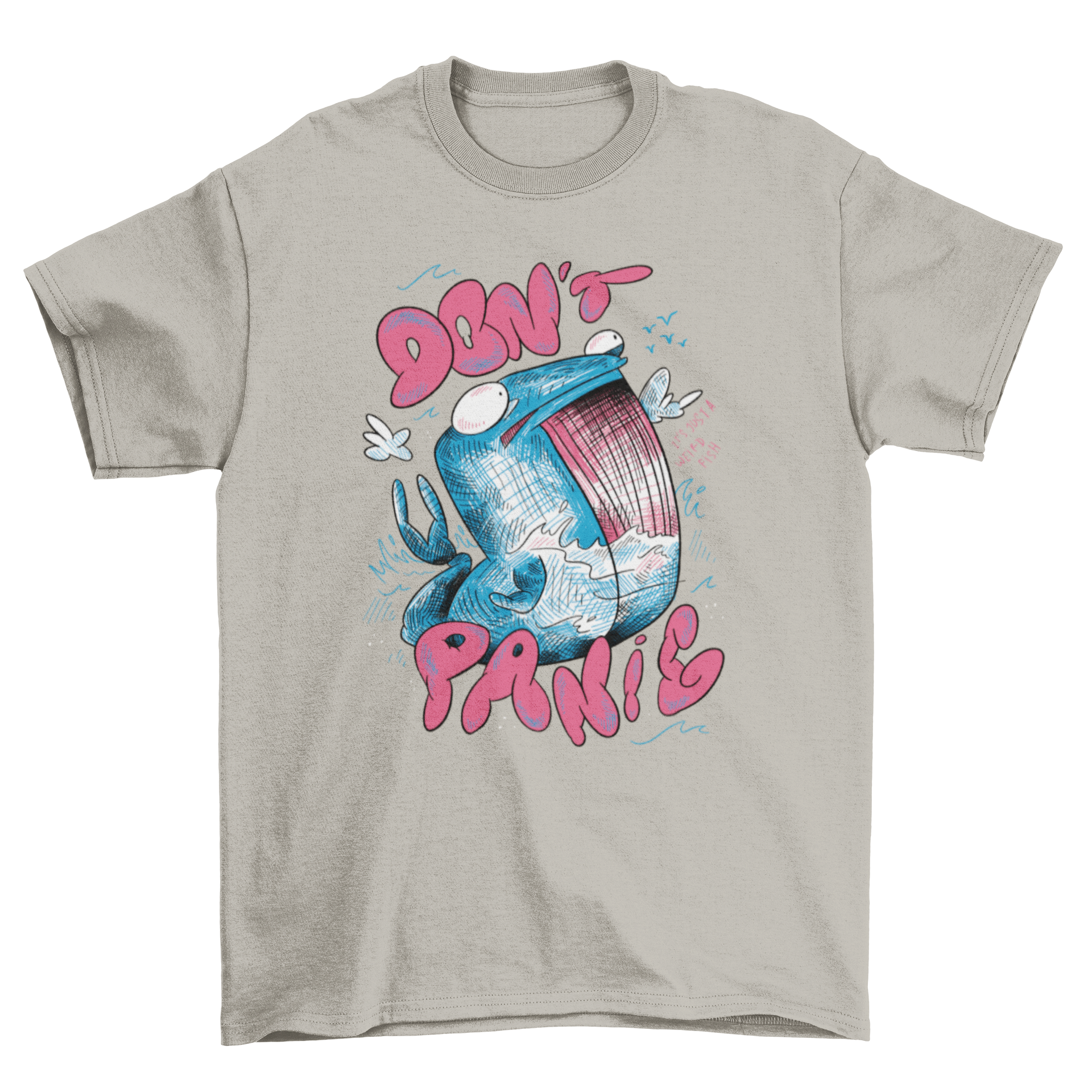 A stylish t-shirt featuring a detailed whale sketch and the quote 'Don't panic', perfect for ocean lovers.