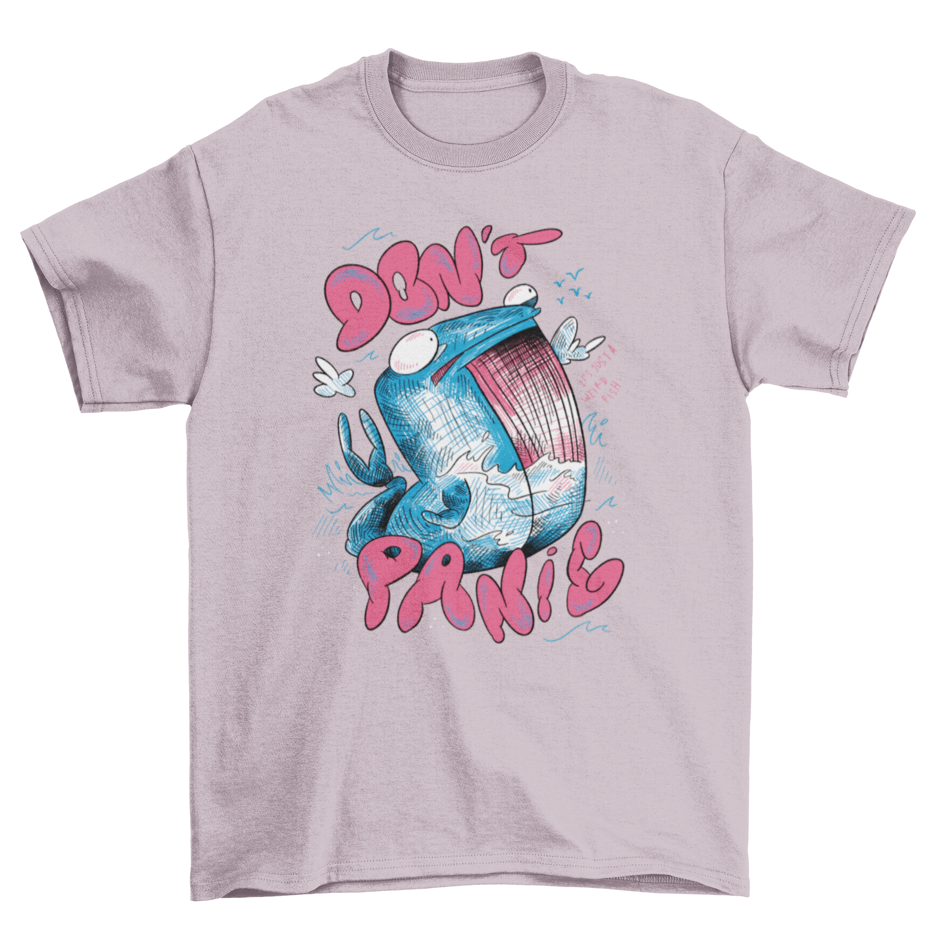 A stylish t-shirt featuring a detailed whale sketch and the quote 'Don't panic', perfect for ocean lovers.