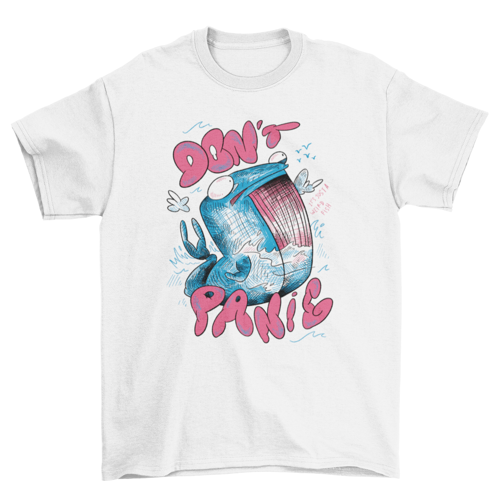 A stylish t-shirt featuring a detailed whale sketch and the quote 'Don't panic', perfect for ocean lovers.