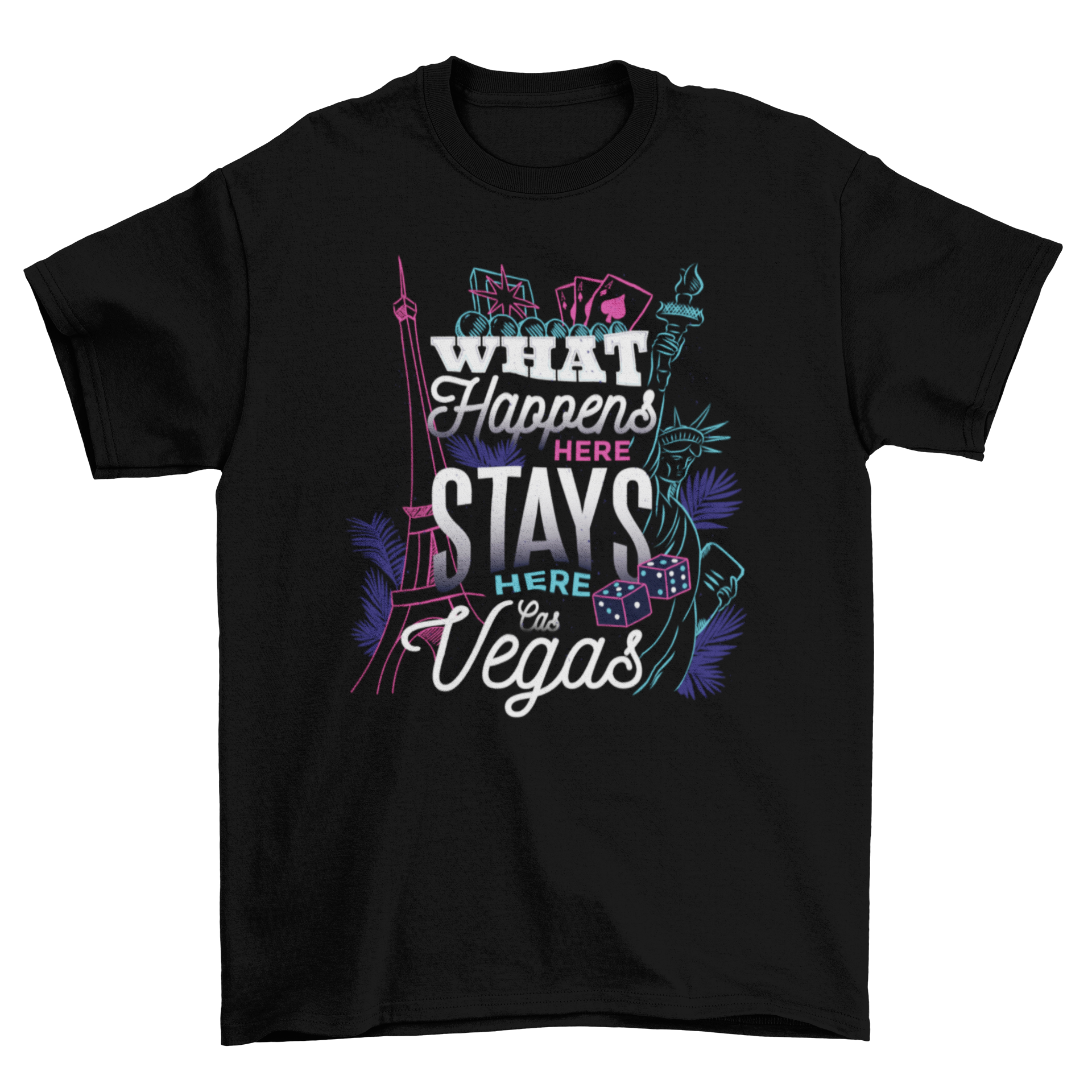 What Happens in Vegas t-shirt featuring a colorful Las Vegas skyline with iconic landmarks like the Eiffel Tower and Statue of Liberty.