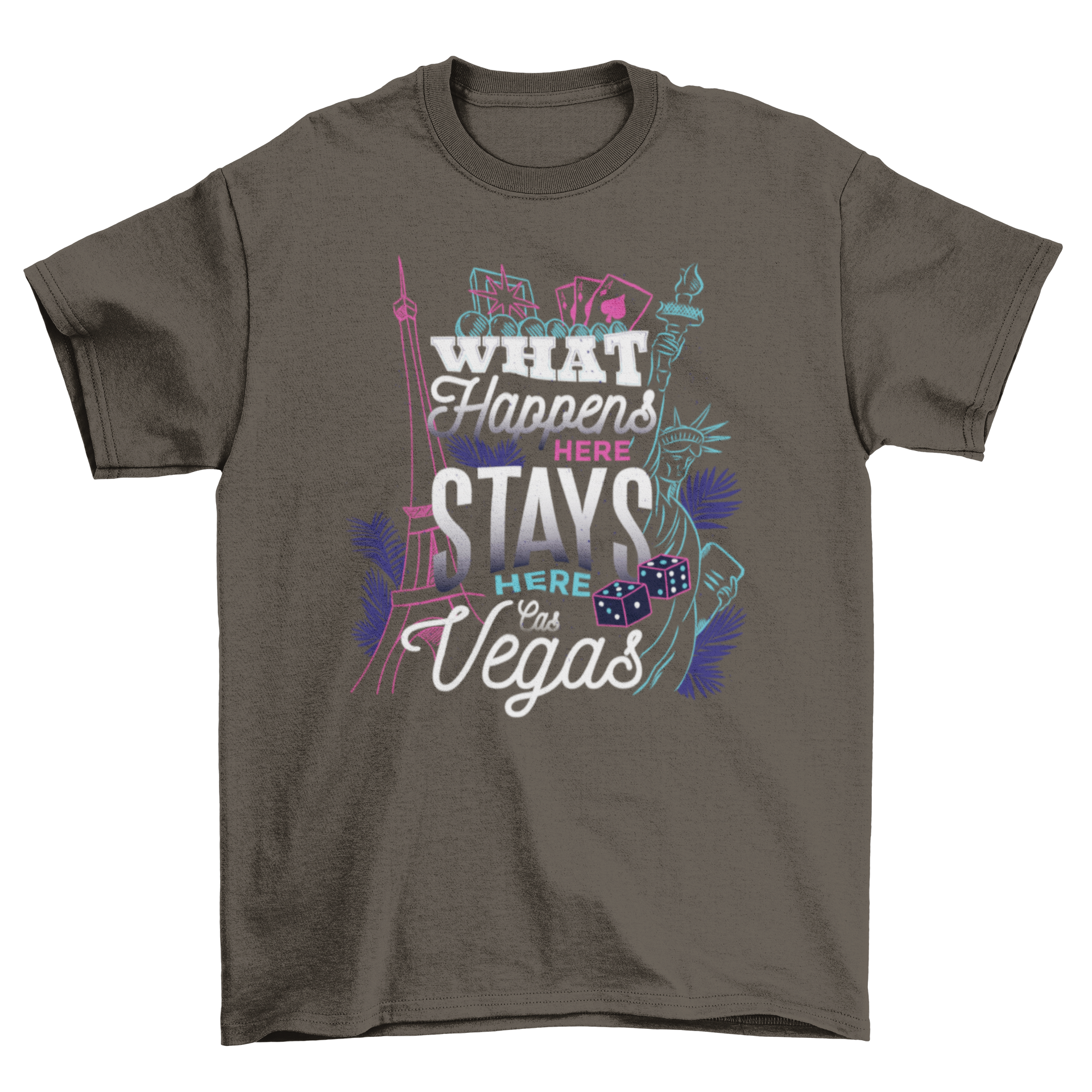 What Happens in Vegas t-shirt featuring a colorful Las Vegas skyline with iconic landmarks like the Eiffel Tower and Statue of Liberty.