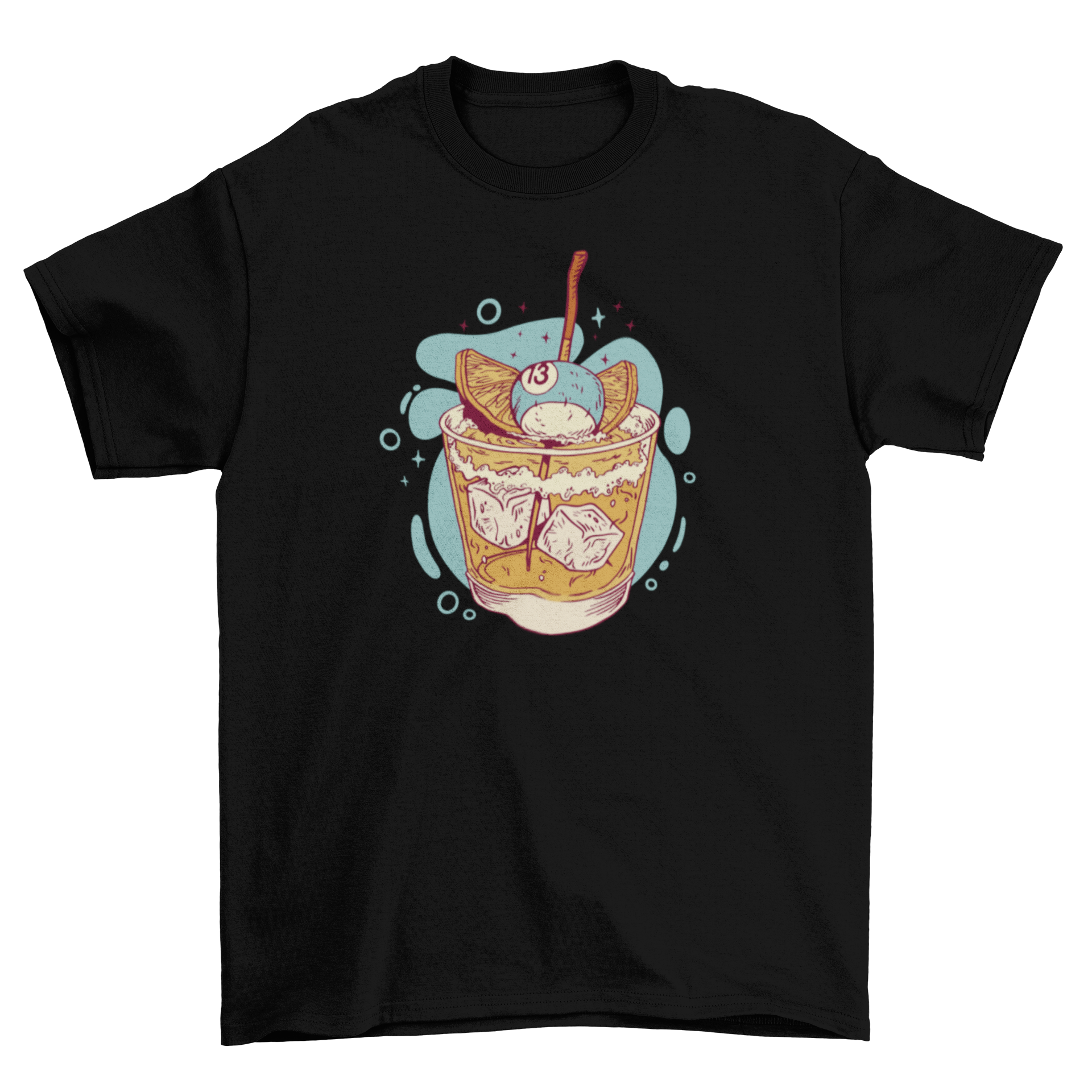 A stylish t-shirt featuring a vibrant whisky cocktail drink design, perfect for cocktail enthusiasts.