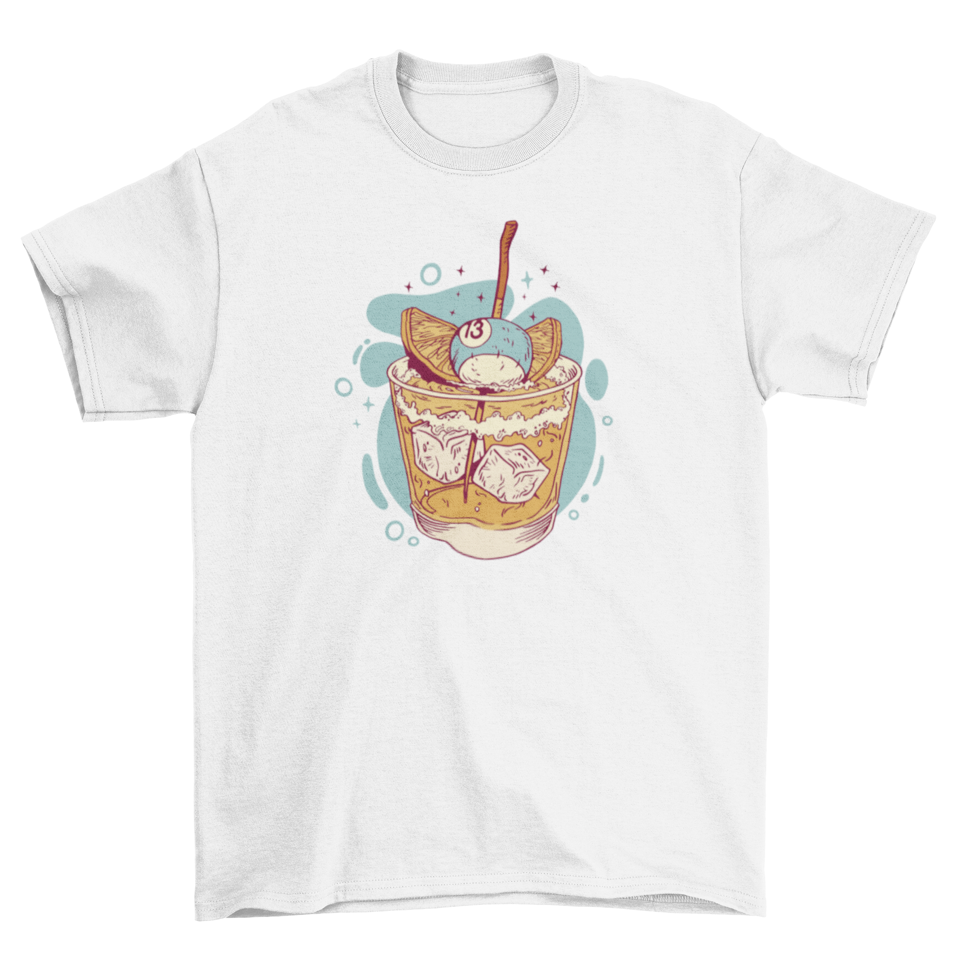 A stylish t-shirt featuring a vibrant whisky cocktail drink design, perfect for cocktail enthusiasts.