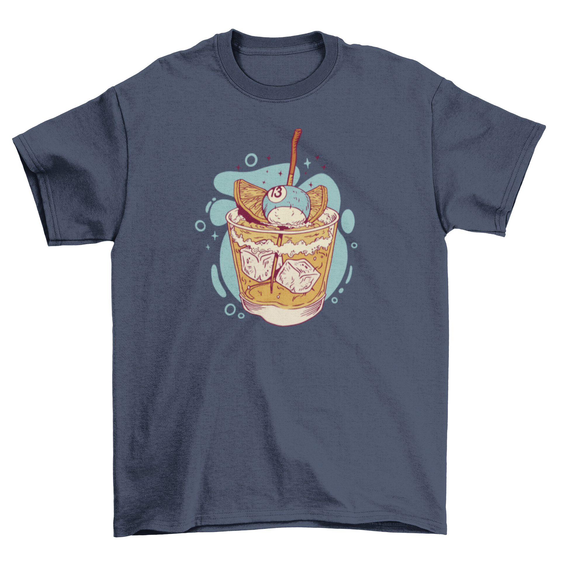 A stylish t-shirt featuring a vibrant whisky cocktail drink design, perfect for cocktail enthusiasts.