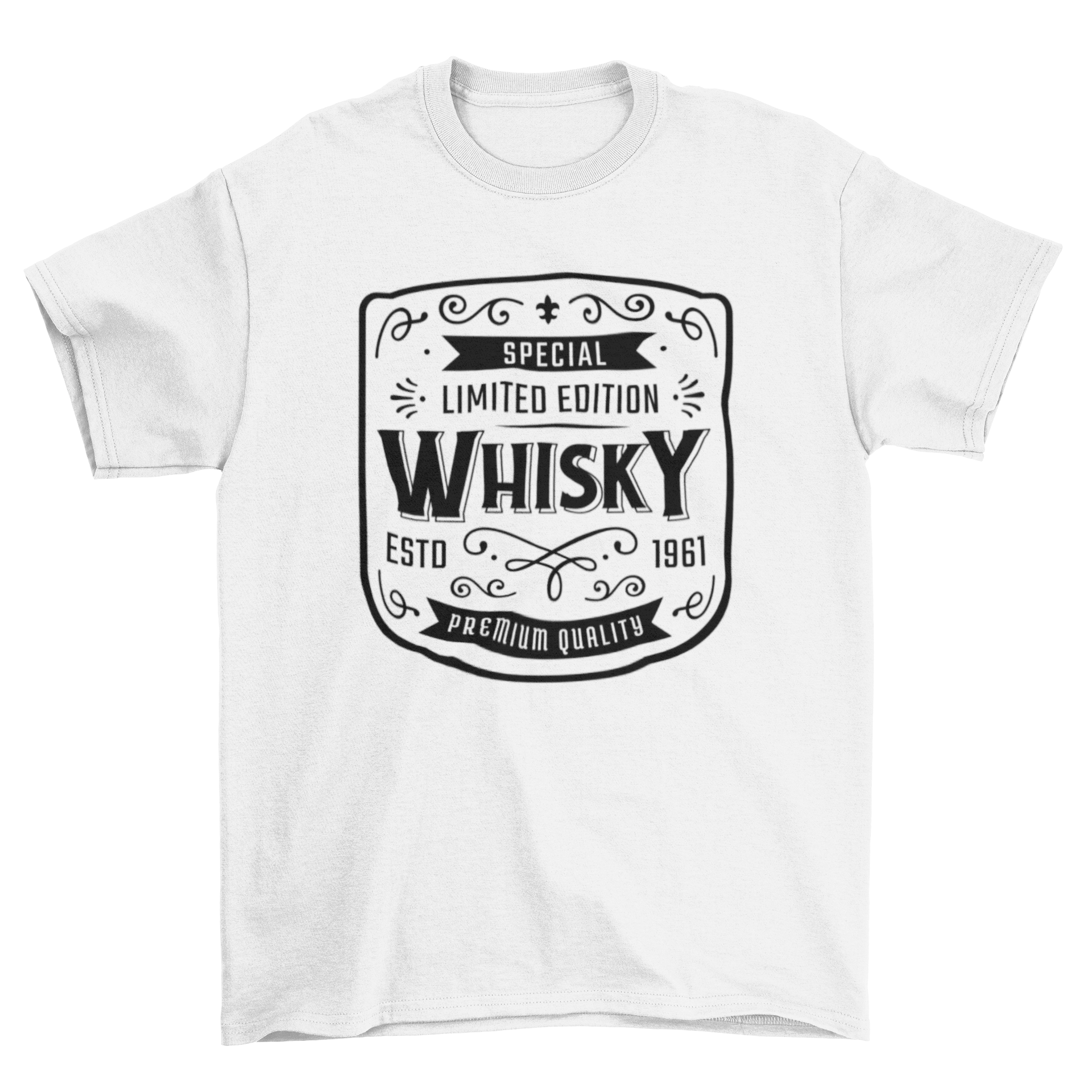 A stylish t-shirt featuring a unique whisky label design, perfect for whisky enthusiasts.