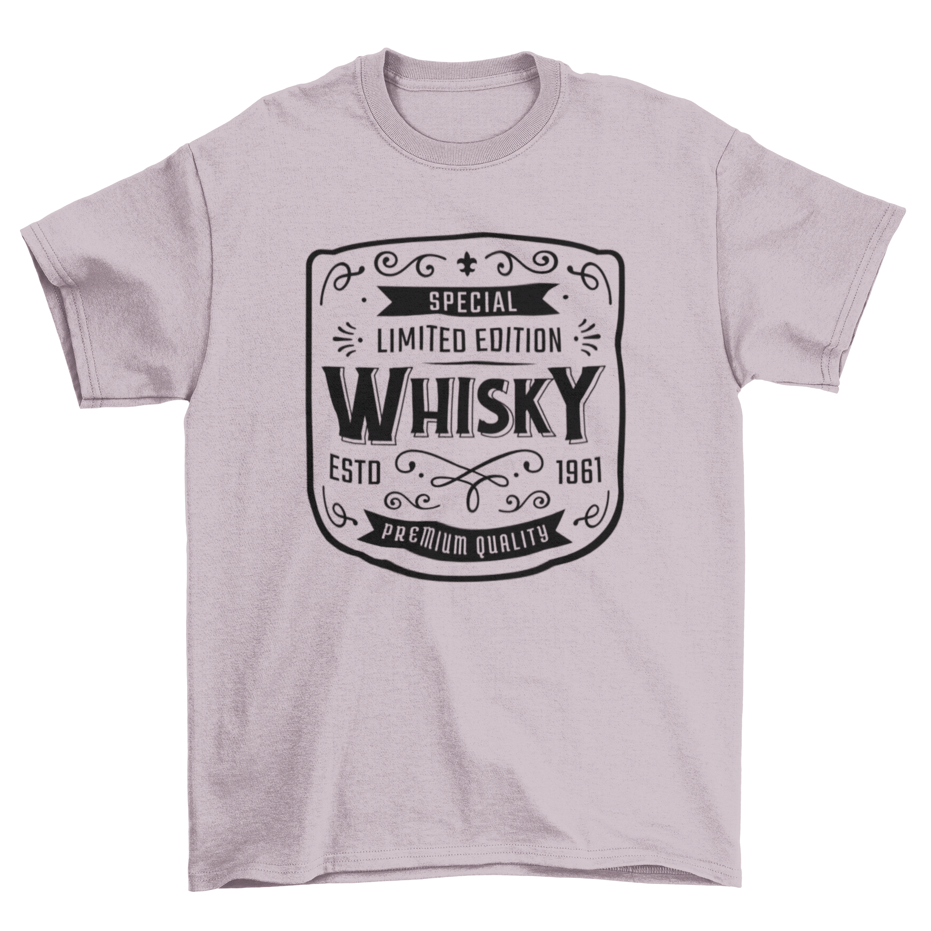 A stylish t-shirt featuring a unique whisky label design, perfect for whisky enthusiasts.