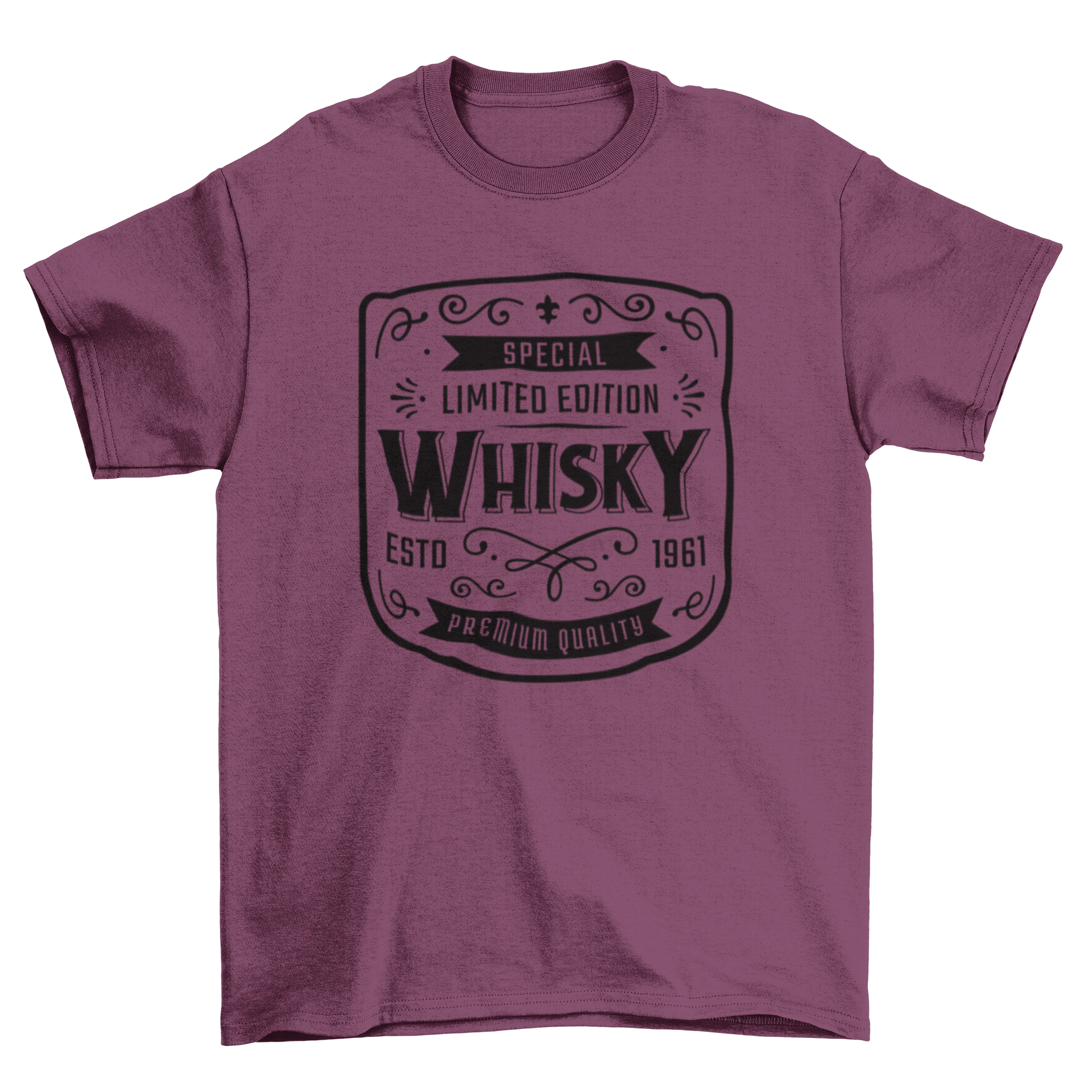 A stylish t-shirt featuring a unique whisky label design, perfect for whisky enthusiasts.