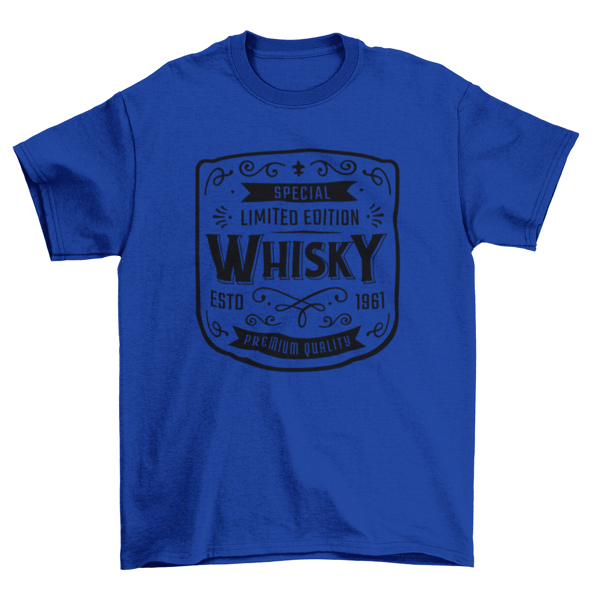 A stylish t-shirt featuring a unique whisky label design, perfect for whisky enthusiasts.