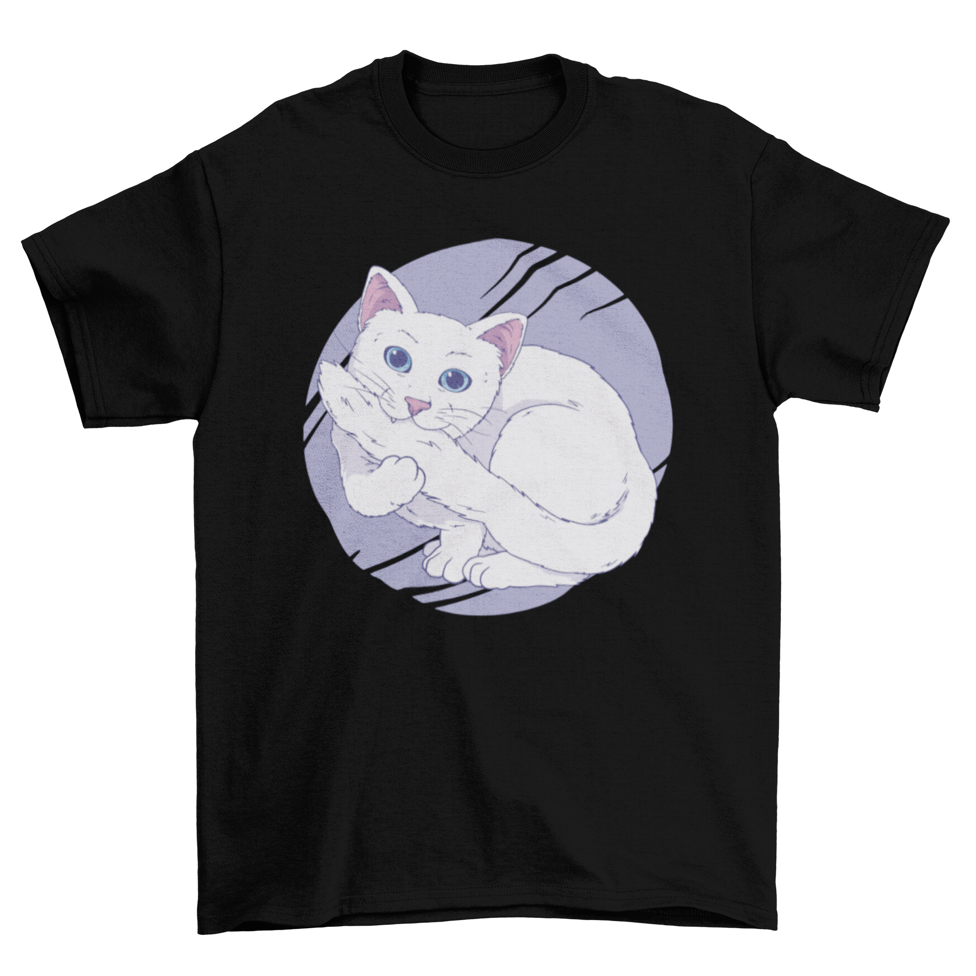 A white t-shirt featuring a playful illustration of a white cat biting its own tail, perfect for cat lovers.