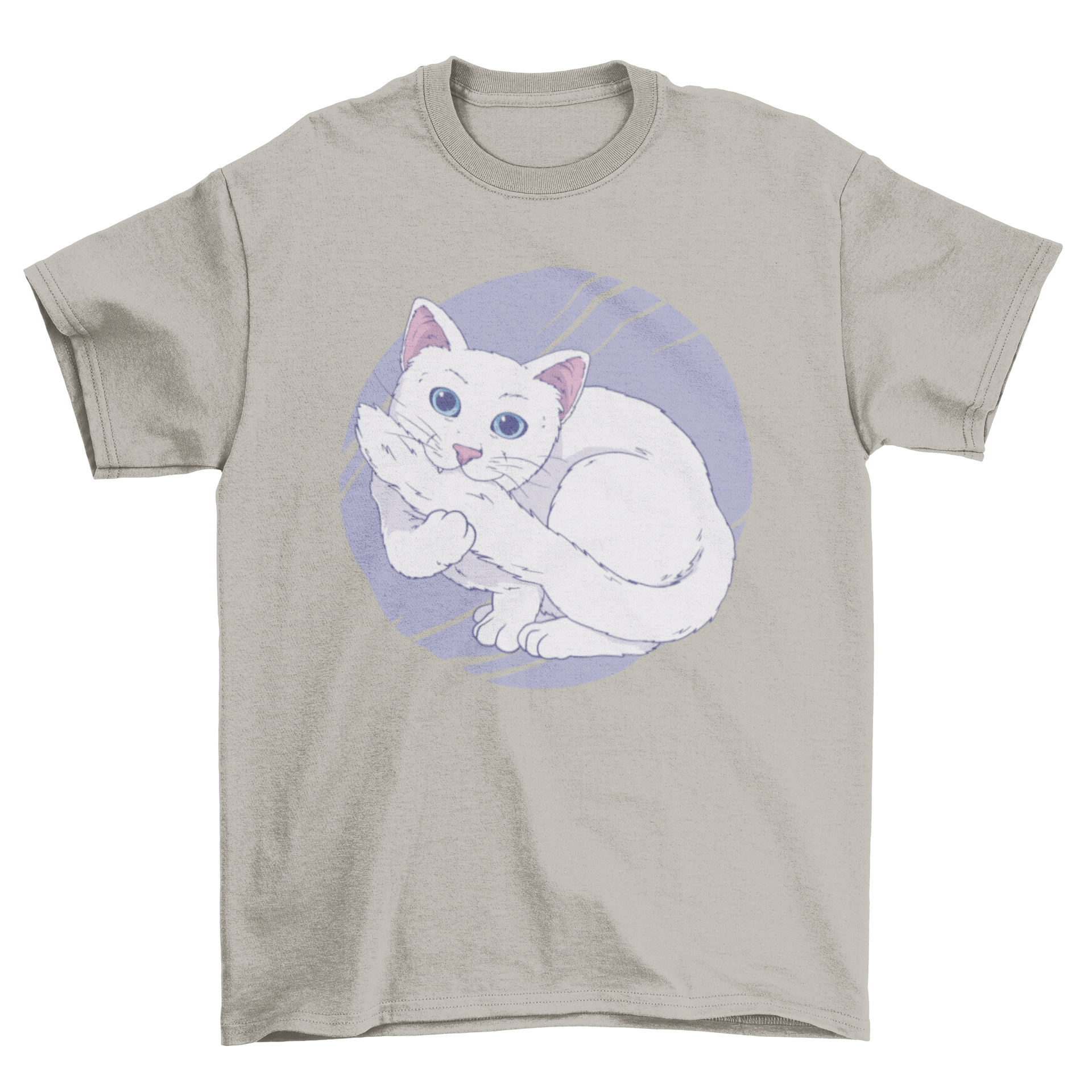 A white t-shirt featuring a playful illustration of a white cat biting its own tail, perfect for cat lovers.