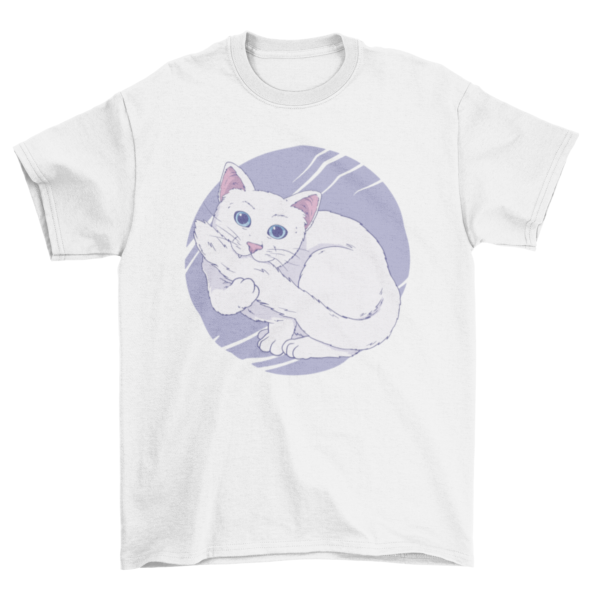 A white t-shirt featuring a playful illustration of a white cat biting its own tail, perfect for cat lovers.