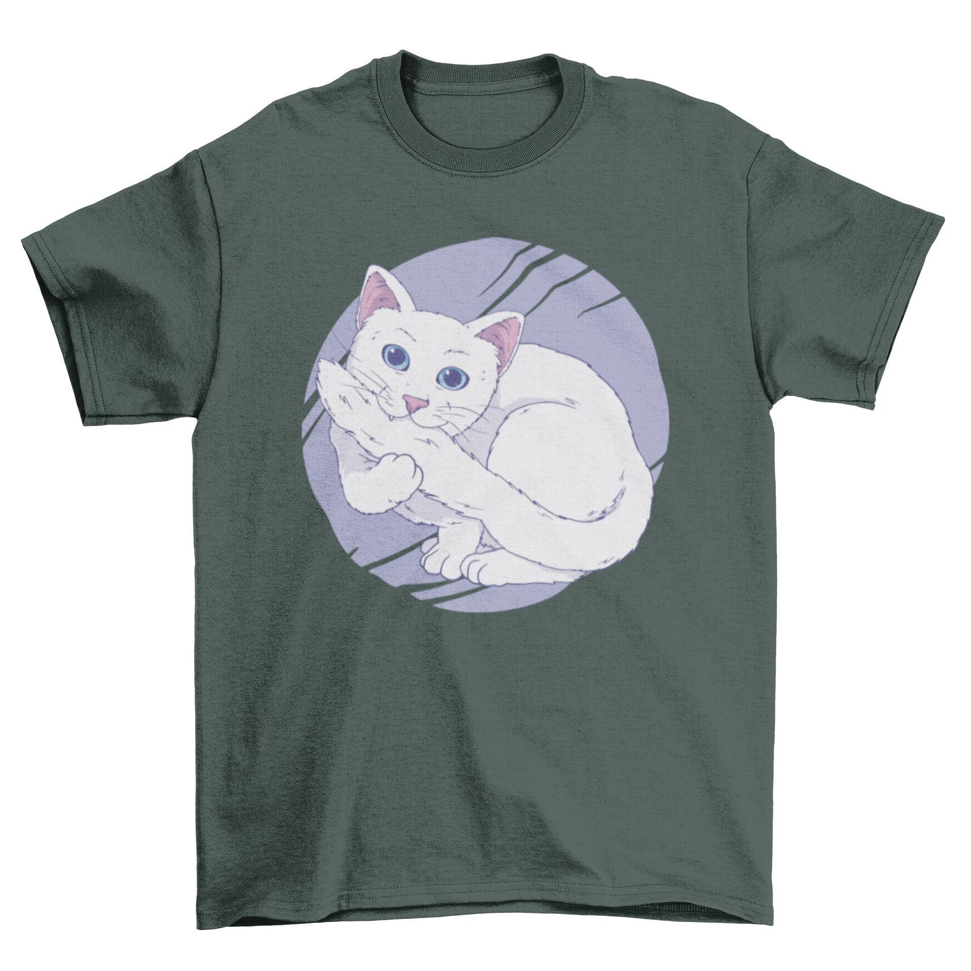 A white t-shirt featuring a playful illustration of a white cat biting its own tail, perfect for cat lovers.