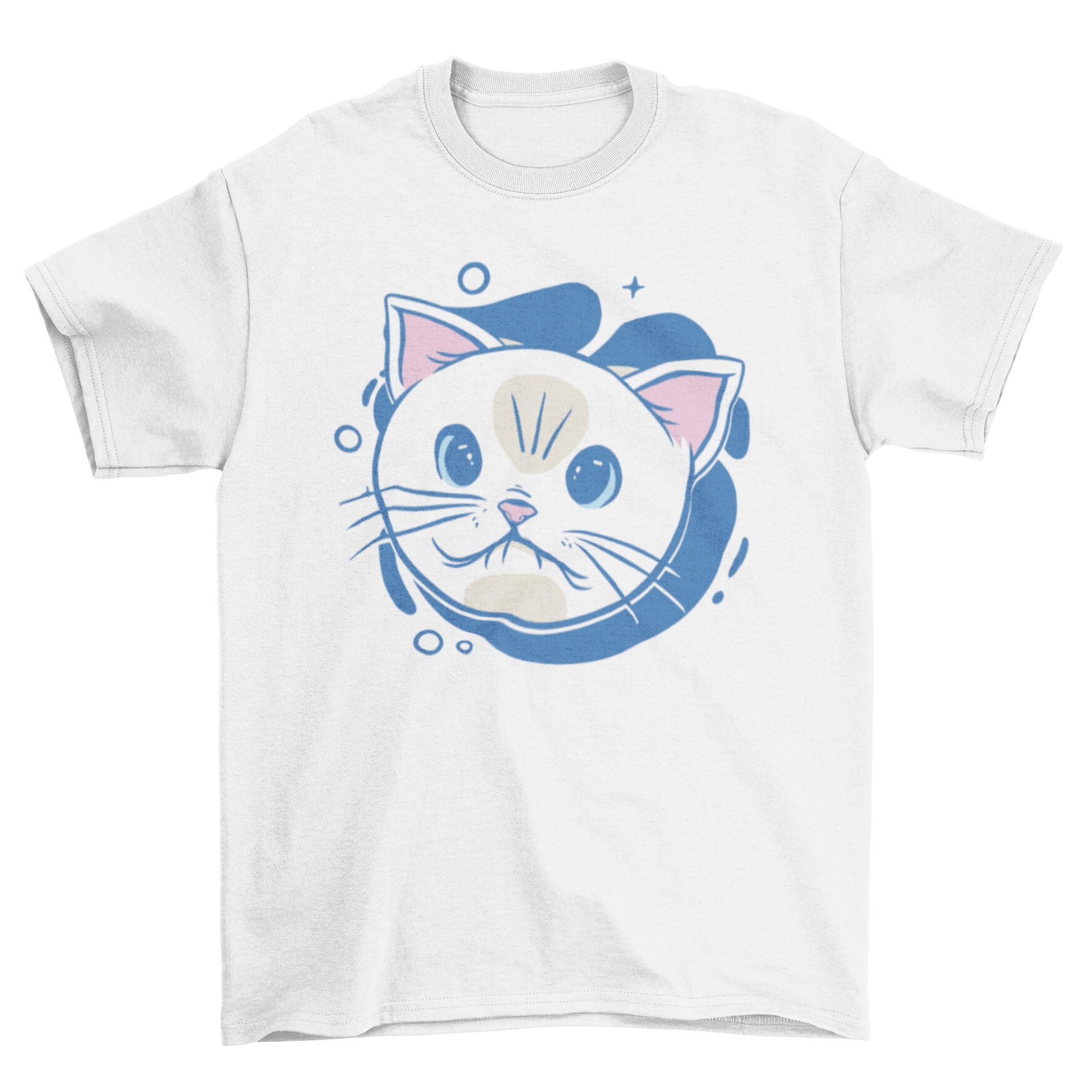 A cute white cat cartoon face printed on a soft t-shirt, perfect for cat lovers.