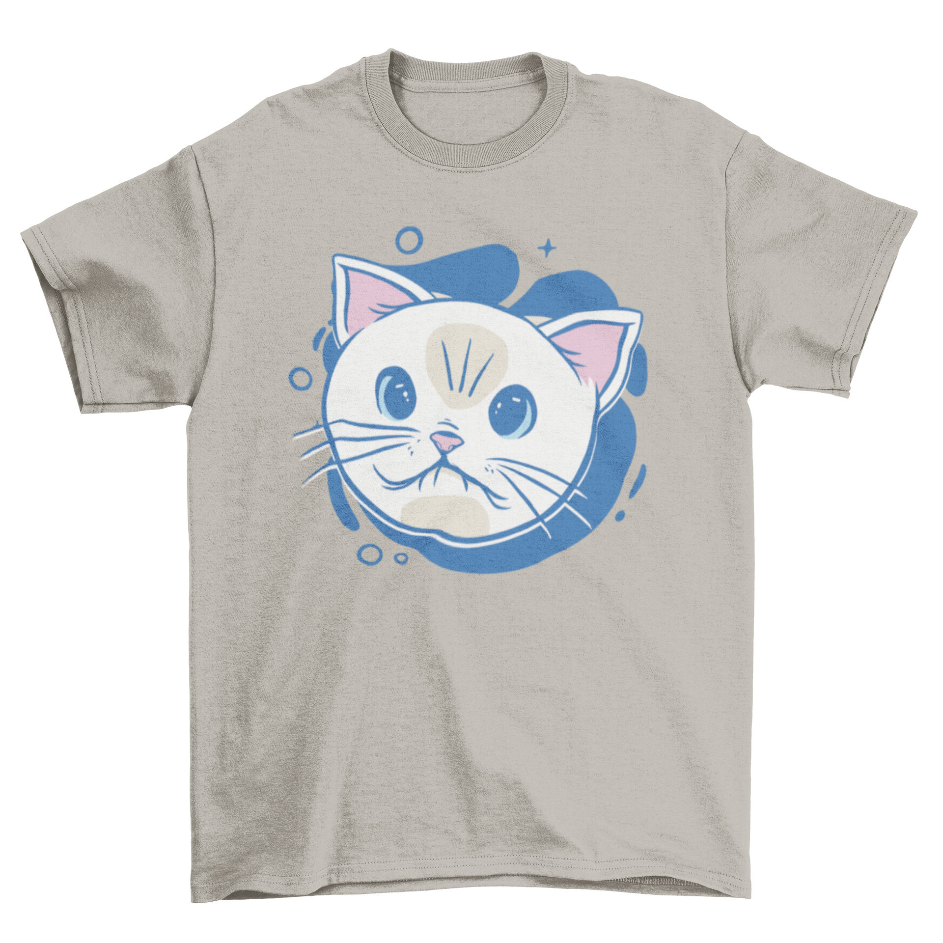 A cute white cat cartoon face printed on a soft t-shirt, perfect for cat lovers.