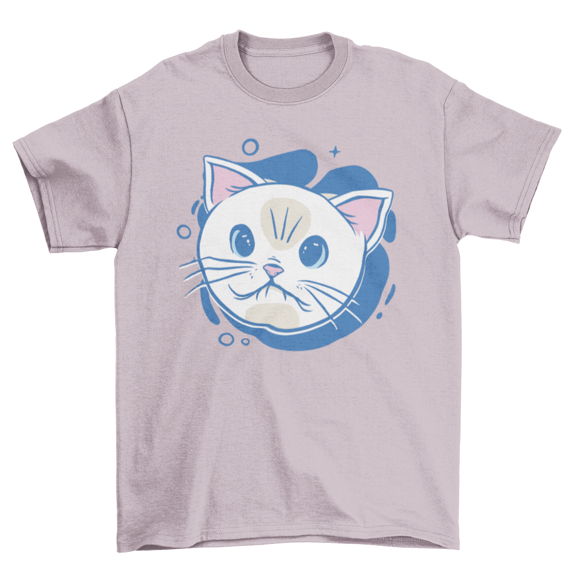 A cute white cat cartoon face printed on a soft t-shirt, perfect for cat lovers.